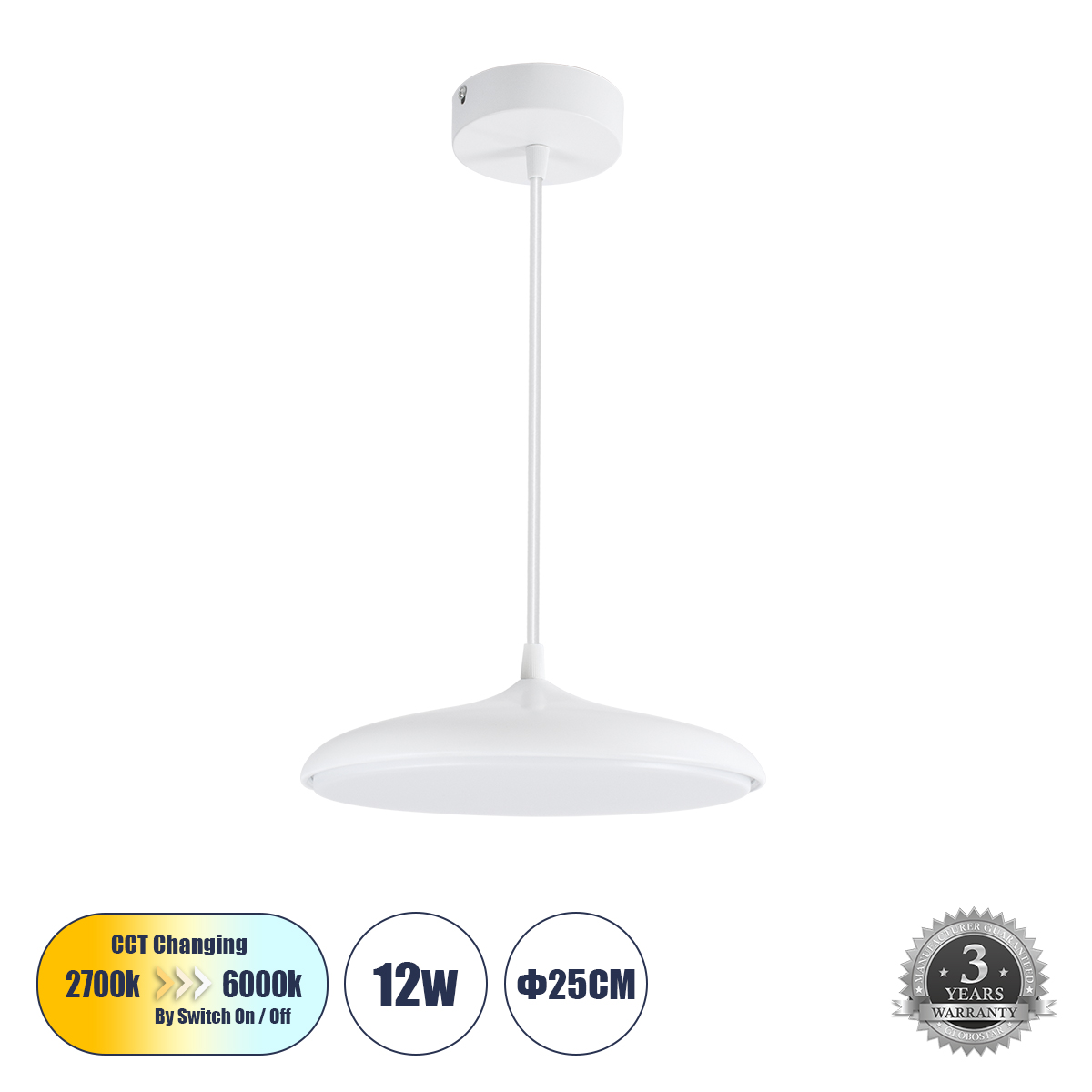 Baron Glint® Κρεμαστή Πλαφονιέρα Οροφής Led Cct 12W 1440Lm 120° Ac 220-240V - Εναλλαγή Φωτισμού Μέσω Διακόπτη On/Off All In One Ψυχρό 6000K+Φυσικό 4500K+Θερμό 2700K Φ25 X Υ8Cm - Λευκό