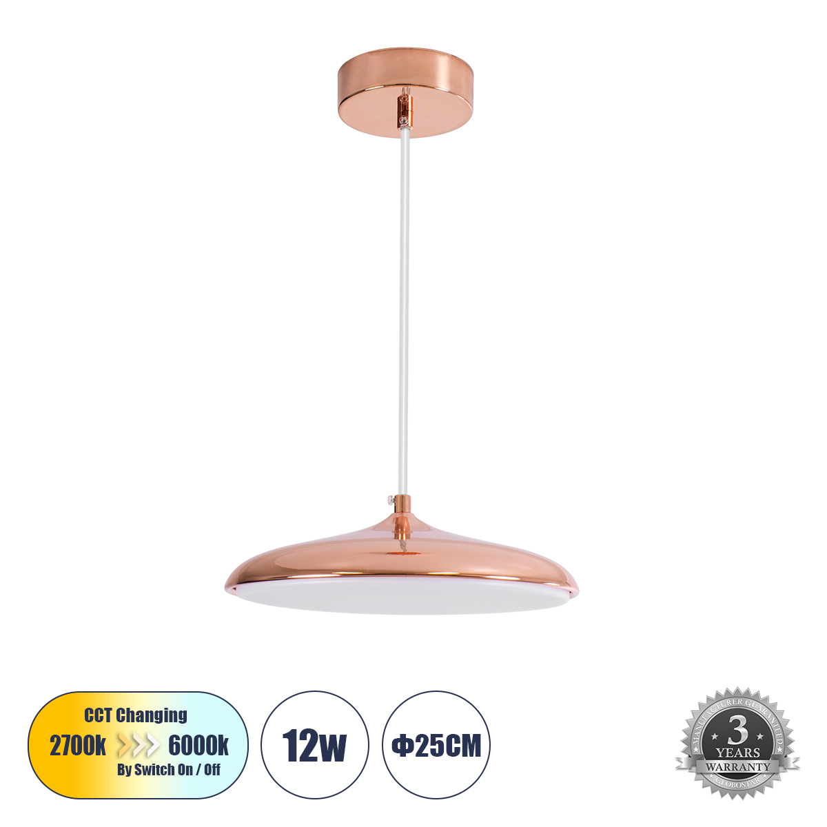 Baron Glint® Κρεμαστή Πλαφονιέρα Οροφής Led Cct 12W 1440Lm 120° Ac 220-240V - Εναλλαγή Φωτισμού Μέσω Διακόπτη On/Off All In One Ψυχρό 6000K+Φυσικό 4500K+Θερμό 2700K Φ25 X Υ8Cm - Χάλκινο Πλατίνα