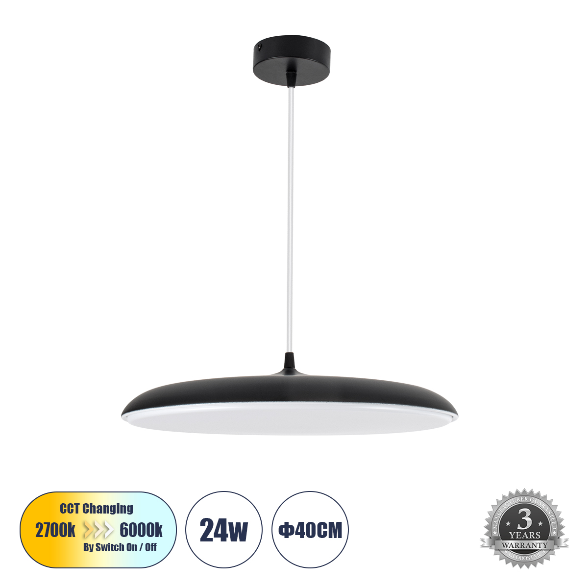 Baron Glint® Κρεμαστή Πλαφονιέρα Οροφής Led Cct 24W 2880Lm 120° Ac 220-240V - Εναλλαγή Φωτισμού Μέσω Διακόπτη On/Off All In One Ψυχρό 6000K+Φυσικό 4500K+Θερμό 2700K Φ40 X Υ10Cm - Μαύρο