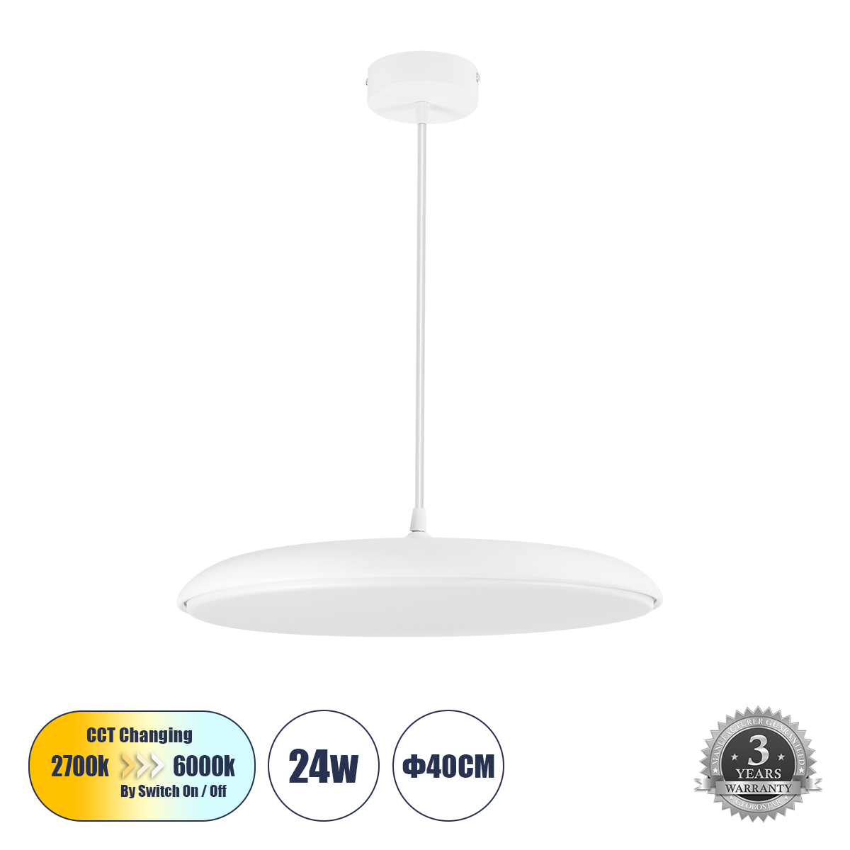 Baron Glint® Κρεμαστή Πλαφονιέρα Οροφής Led Cct 24W 2880Lm 120° Ac 220-240V - Εναλλαγή Φωτισμού Μέσω Διακόπτη On/Off All In One Ψυχρό 6000K+Φυσικό 4500K+Θερμό 2700K Φ40 X Υ10Cm - Λευκό