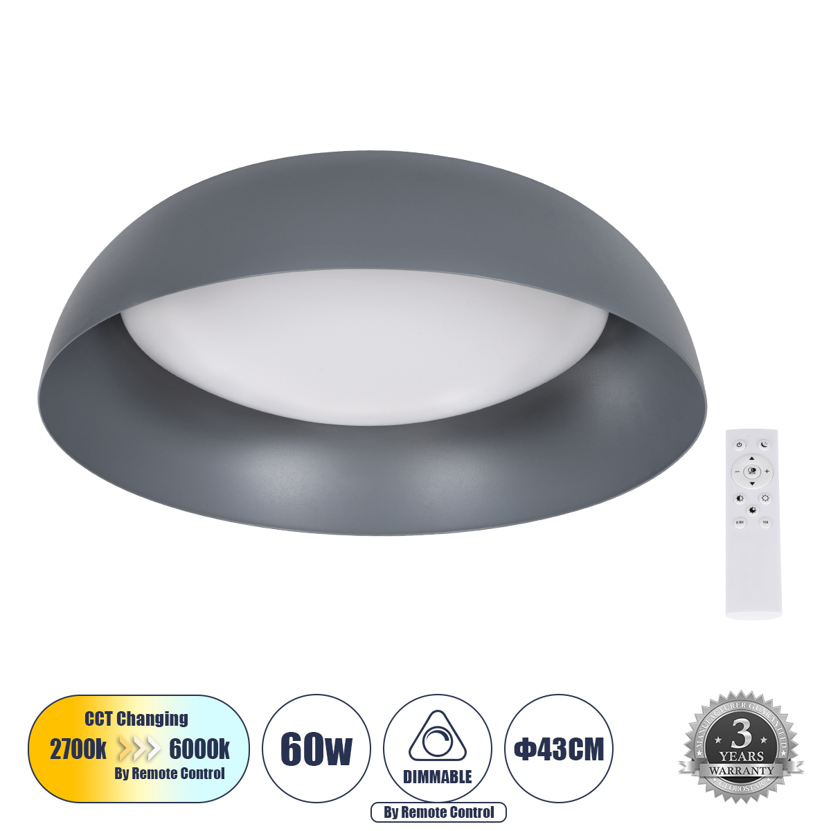 Anatolia Glint® Πλαφονιέρα Οροφής Led Cct 60W 6900Lm 120° Ac 220-240V - Εναλλαγή Φωτισμού Μέσω Τηλεχειριστηρίου All In One Ψυχρό 6000K+Φυσικό 4500K+Θερμό 2700K Dimmable Φ43Cm - Γκρι Ανθρακί