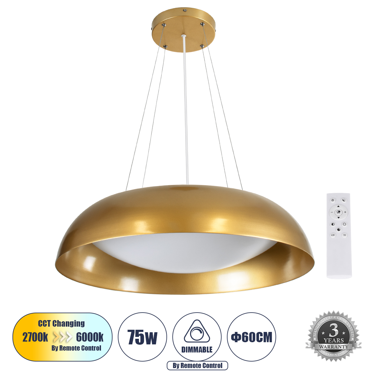 Anatolia Glint® Κρεμαστή Πλαφονιέρα Οροφής Led Cct 75W 8625Lm 120° Ac 220-240V - Εναλλαγή Φωτισμού Μέσω Τηλεχειριστηρίου All In One Ψυχρό 6000K+Φυσικό 4500K+Θερμό 2700K Dimmable Φ60Cm - Χρυσό