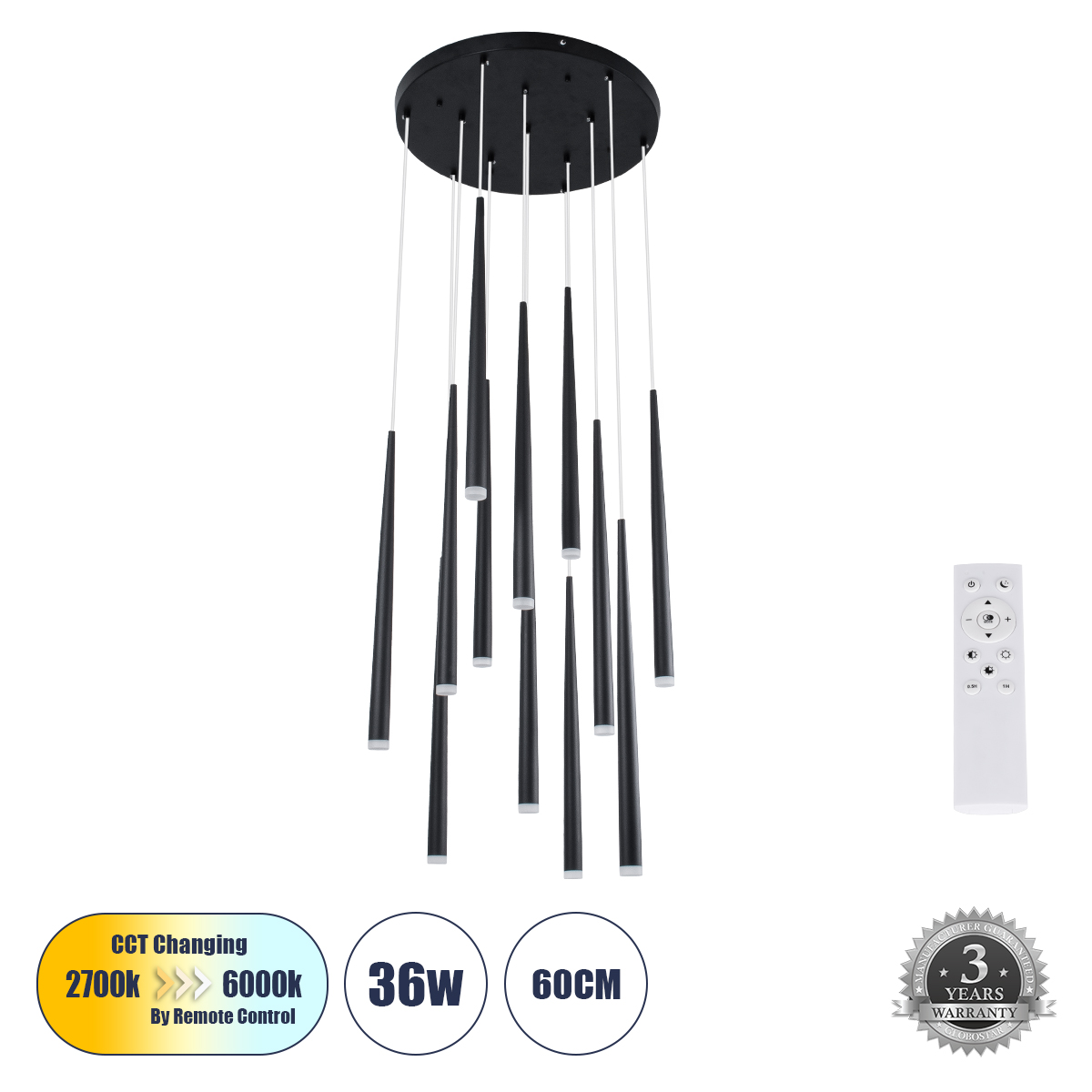 Stalactite Glint® Κρεμαστό Φωτιστικό LED CCT 36W 3960Lm Dimmable με Τηλεχειριστήριο - Μαύρο Φ60 X Υ51.5cm