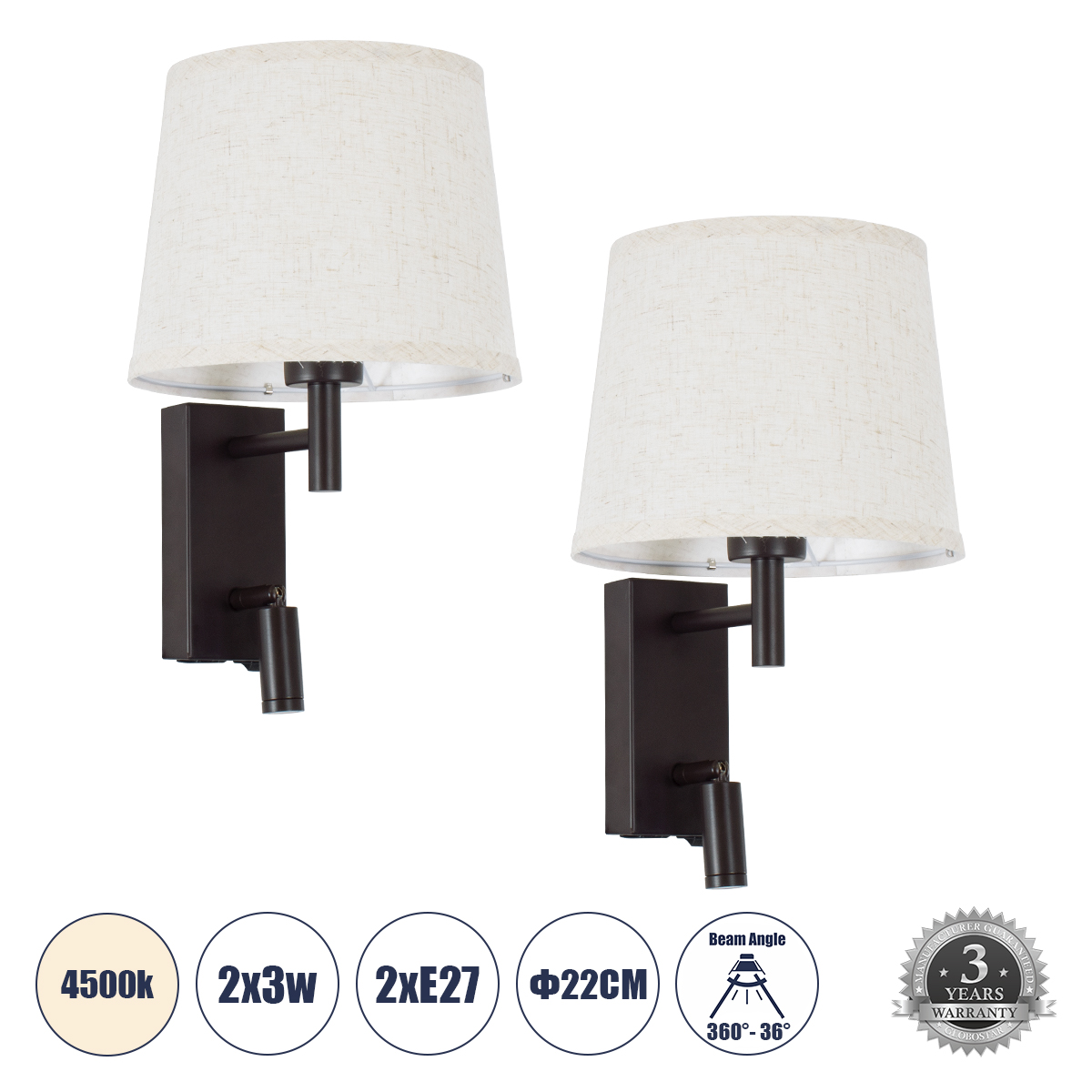 Glint® Φωτιστικό Τοίχου - Απλίκα Ξενοδοχείου Bed Side Led 3W 360Lm & 1 X E27- Reading Up/Down Light - Φορτιστής Usb 3A - Μ22 X Π23.5 X Υ37Cm - Φυσικό Λευκό 4500K - Καφέ Με Μπεζ Καπέλο - Σετ 2 Τεμαχίων