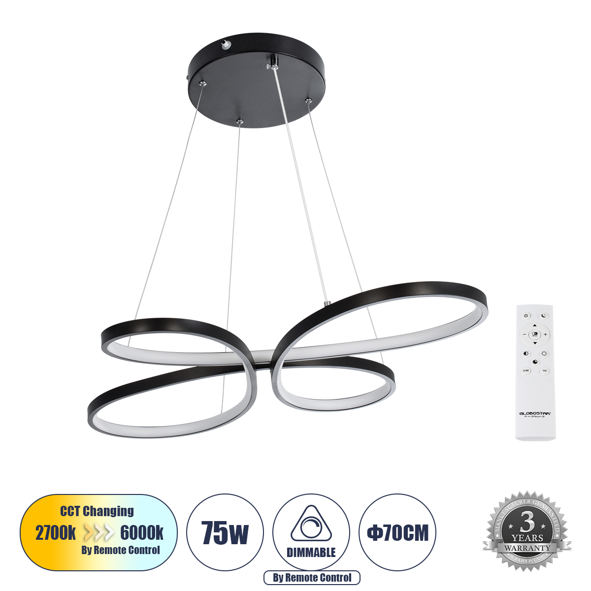 Butterfly Glint® Κρεμαστό Φωτιστικό Οροφής Design Led Cct 75W 8400Lm 300° Ac 220-240V - Εναλλαγή Φωτισμού Μέσω Τηλεχειριστηρίου All In One Ψυχρό 6000K+Φυσικό 4500K+Θερμό 2700K Dimmable Μ71 X Π52 X Υ4Cm - Μαύρο