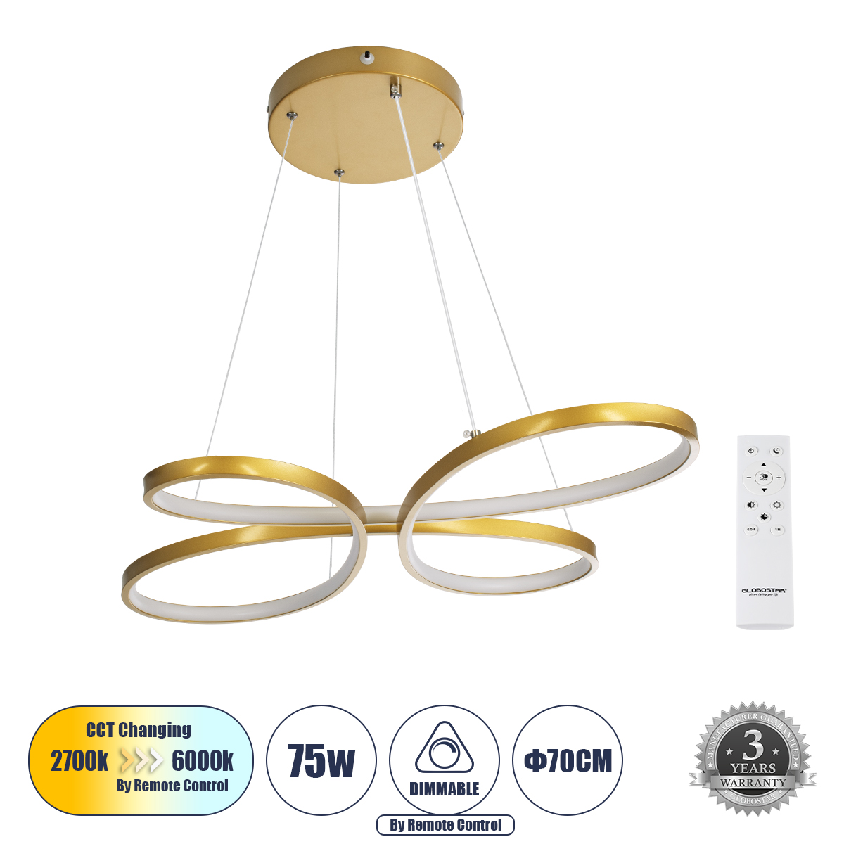 Butterfly Glint® Κρεμαστό Φωτιστικό Οροφής Design Led Cct 75W 8400Lm 300° Ac 220-240V - Εναλλαγή Φωτισμού Μέσω Τηλεχειριστηρίου All In One Ψυχρό 6000K+Φυσικό 4500K+Θερμό 2700K Dimmable Μ71 X Π52 X Υ4Cm - Χρυσό Βούρτσας