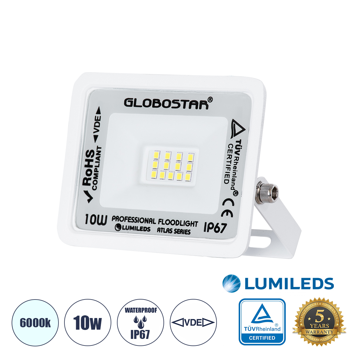 Atlas Glint® Επαγγελματικός Προβολέας Led 10W 1250Lm 120° Ac 220-240V - Αδιάβροχος Ip67 - Μ10 X Π2 X Υ8Cm - Λευκό - Ψυχρό Λευκό 6000K - Lumileds Chips - Tüv Rheinland Certified