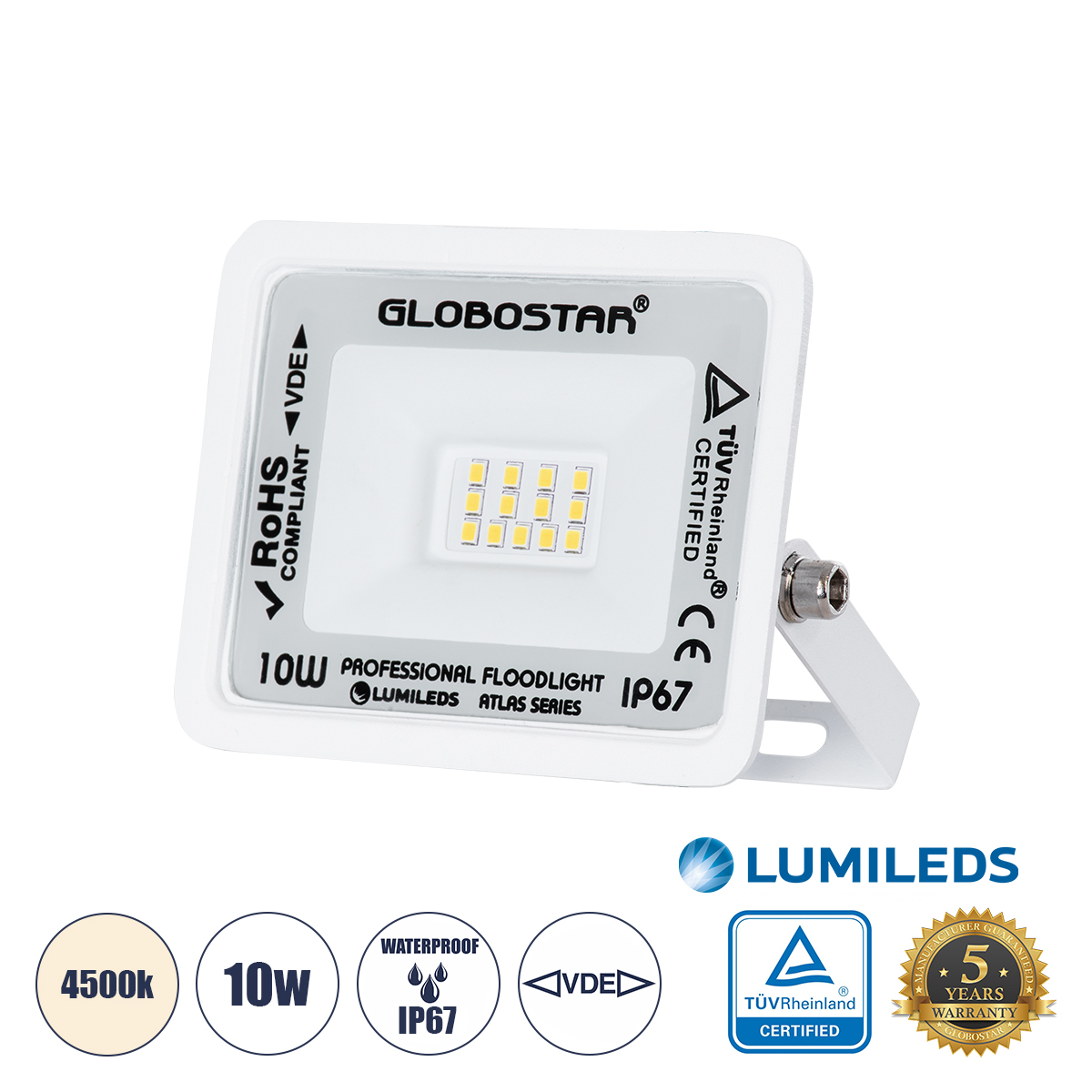 Atlas Glint® Επαγγελματικός Προβολέας Led 10W 1200Lm 120° Ac 220-240V - Αδιάβροχος Ip67 - Μ10 X Π2 X Υ8Cm - Λευκό - Φυσικό Λευκό 4500K - Lumileds Chips - Tüv Rheinland Certified