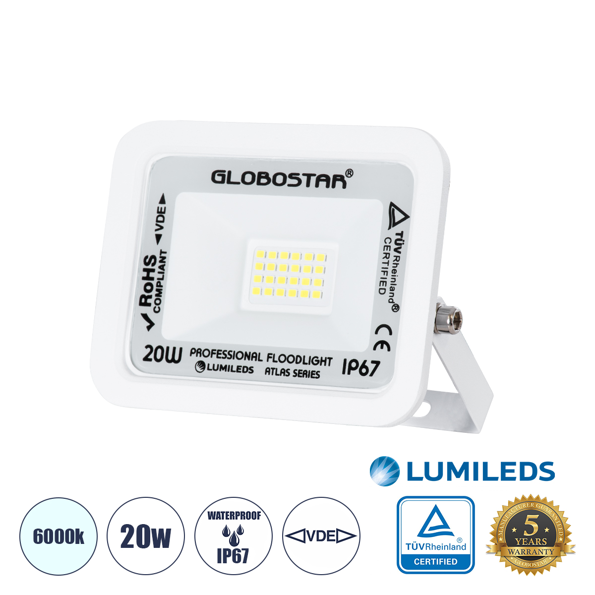 Atlas Glint® Επαγγελματικός Προβολέας Led 20W 2500Lm 120° Ac 220-240V - Αδιάβροχος Ip67 - Μ12 X Π2.5 X Υ9.5Cm - Λευκό - Ψυχρό Λευκό 6000K - Lumileds Chips - Tüv Rheinland Certified