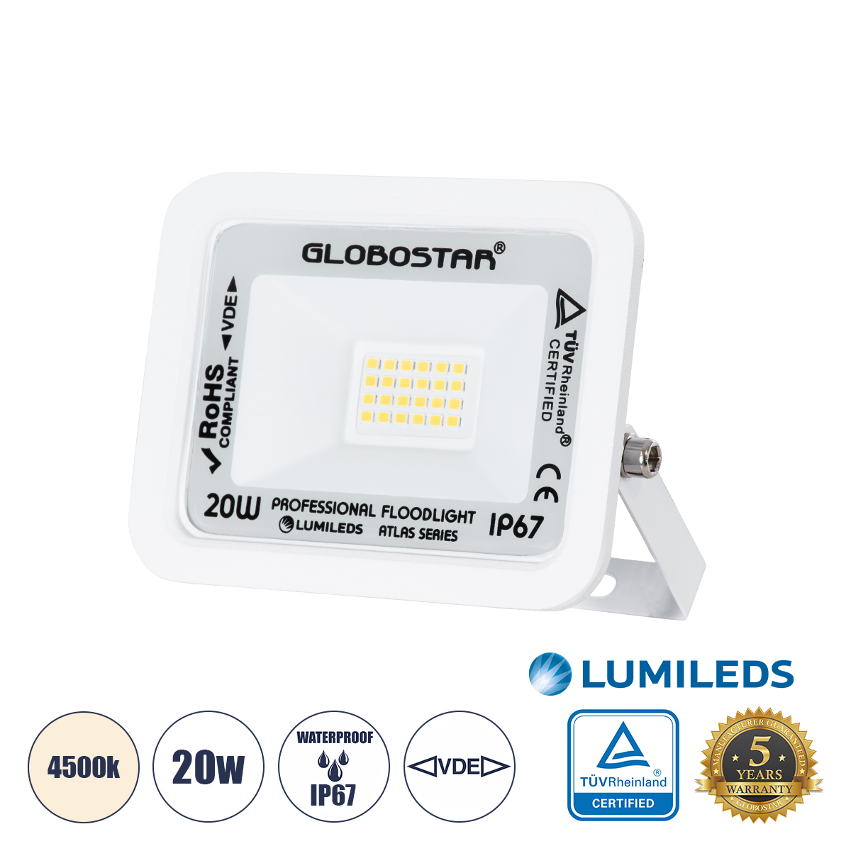 Atlas Glint® Επαγγελματικός Προβολέας Led 20W 2400Lm 120° Ac 220-240V - Αδιάβροχος Ip67 - Μ12 X Π2.5 X Υ9.5Cm - Λευκό - Φυσικό Λευκό 4500K - Lumileds Chips - Tüv Rheinland Certified