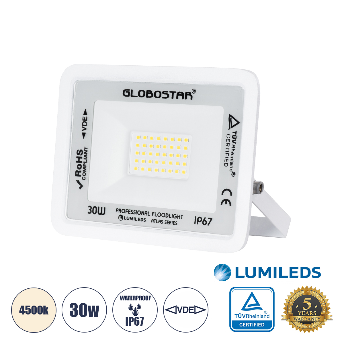 Atlas Glint® Επαγγελματικός Προβολέας Led 30W 3600Lm 120° Ac 220-240V - Αδιάβροχος Ip67 - Μ16 X Π2.5 X Υ12.5Cm - Λευκό - Φυσικό Λευκό 4500K - Lumileds Chips - Tüv Rheinland Certified