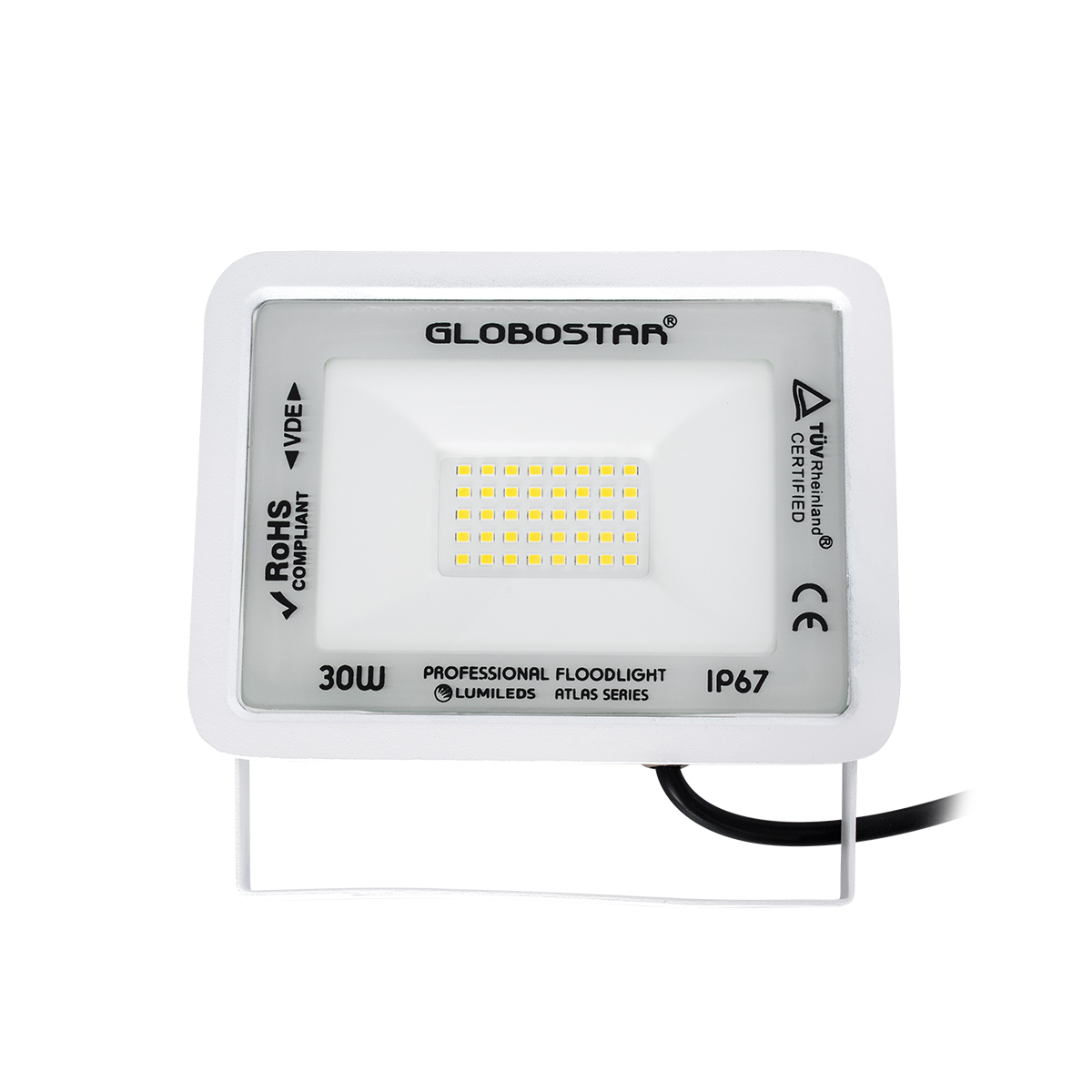 Atlas Glint® Επαγγελματικός Προβολέας Led 30W 3600Lm 120° Ac 220-240V - Αδιάβροχος Ip67 - Μ16 X Π2.5 X Υ12.5Cm - Λευκό - Φυσικό Λευκό 4500K - Lumileds Chips - Tüv Rheinland Certified