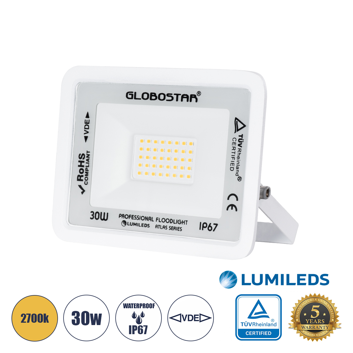 Atlas Glint® Επαγγελματικός Προβολέας Led 30W 3450Lm 120° Ac 220-240V - Αδιάβροχος Ip67 - Μ16 X Π2.5 X Υ12.5Cm - Λευκό - Θερμό Λευκό 2700K - Lumileds Chips - Tüv Rheinland Certified