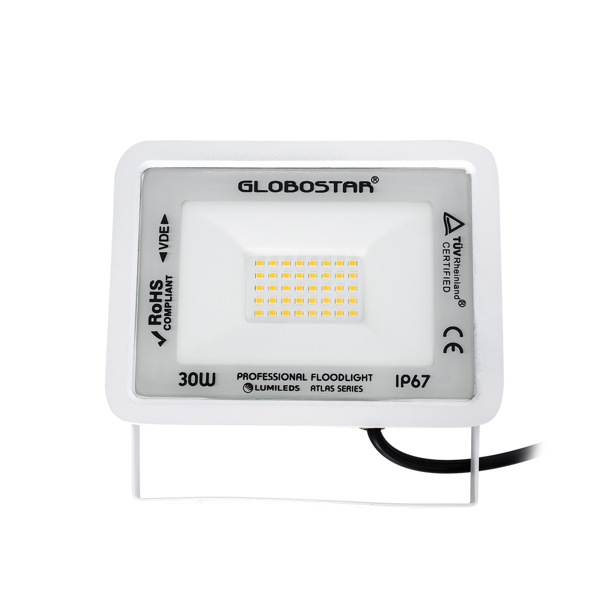 Atlas Glint® Επαγγελματικός Προβολέας Led 30W 3450Lm 120° Ac 220-240V - Αδιάβροχος Ip67 - Μ16 X Π2.5 X Υ12.5Cm - Λευκό - Θερμό Λευκό 2700K - Lumileds Chips - Tüv Rheinland Certified