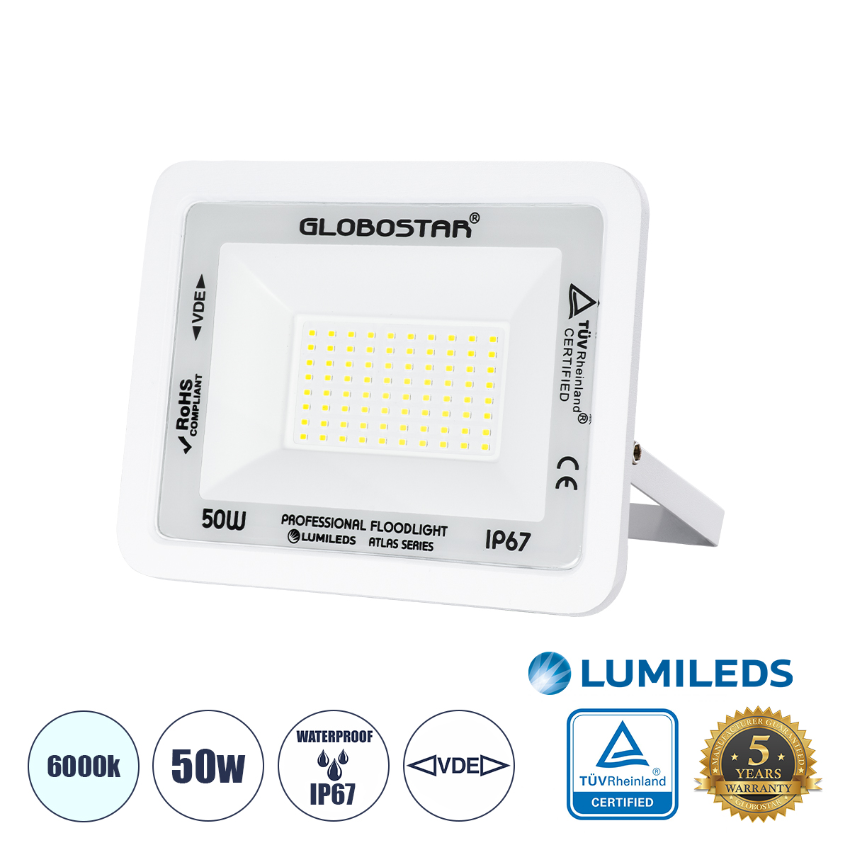 Atlas Glint® Επαγγελματικός Προβολέας Led 50W 6250Lm 120° Ac 220-240V - Αδιάβροχος Ip67 - Μ21 X Π3.5 X Υ16Cm - Λευκό - Ψυχρό Λευκό 6000K - Lumileds Chips - Tüv Rheinland Certified