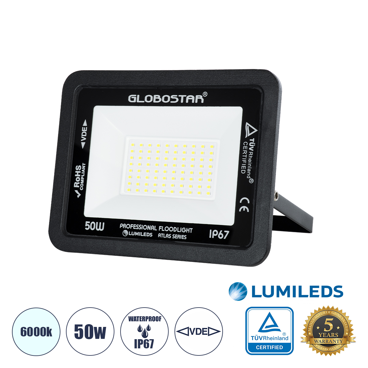 Atlas Glint® Επαγγελματικός Προβολέας Led 50W 6250Lm 120° Ac 220-240V - Αδιάβροχος Ip67 - Μ21 X Π3.5 X Υ16Cm - Μαύρο - Ψυχρό Λευκό 6000K - Lumileds Chips - Tüv Rheinland Certified