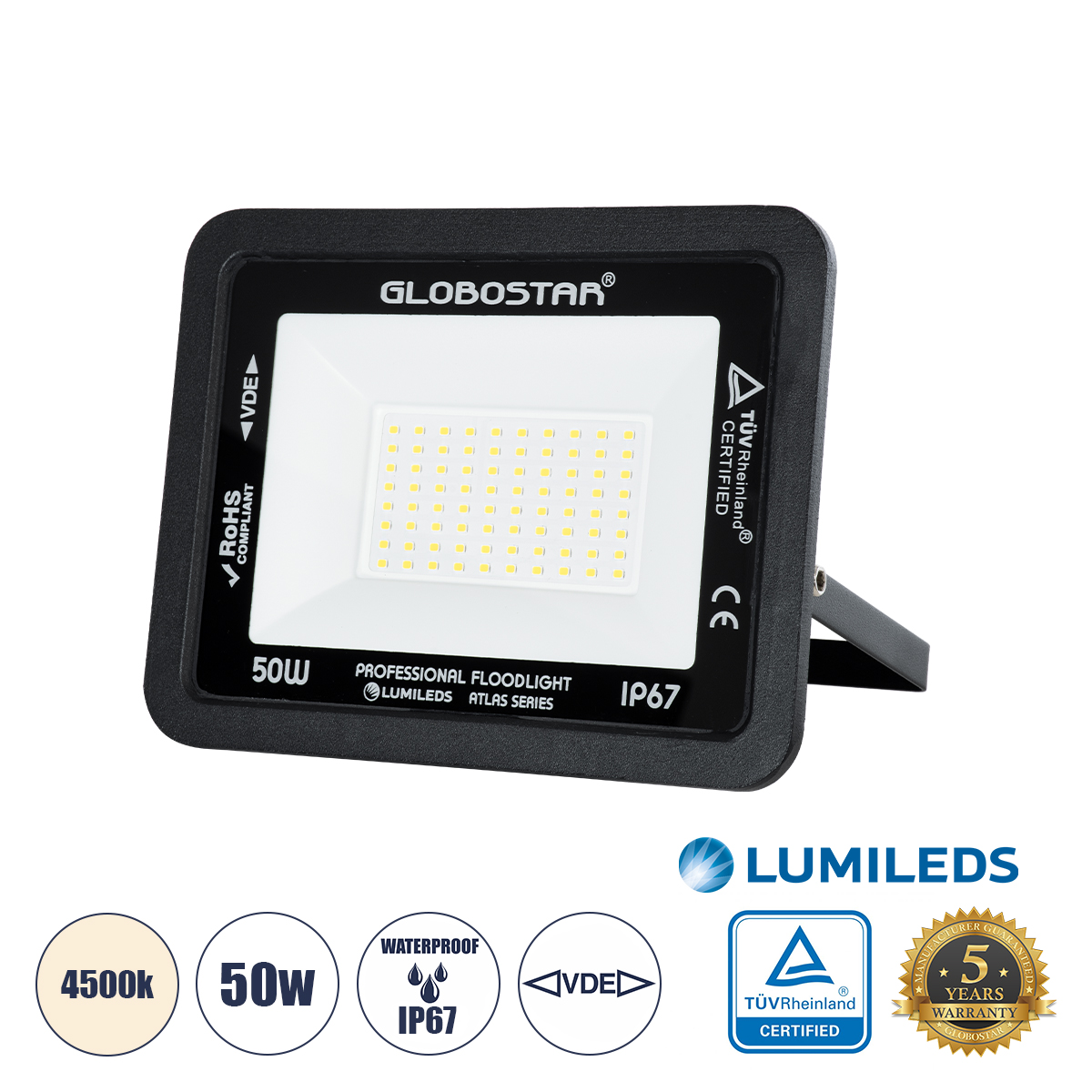 Atlas Glint® Επαγγελματικός Προβολέας Led 50W 6000Lm 120° Ac 220-240V - Αδιάβροχος Ip67 - Μ21 X Π3.5 X Υ16Cm - Μαύρο - Φυσικό Λευκό 4500K - Lumileds Chips - Tüv Rheinland Certified