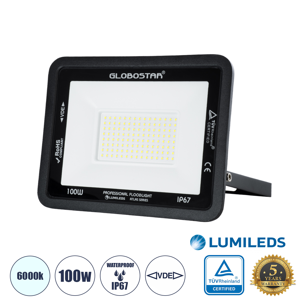 Atlas Glint® Επαγγελματικός Προβολέας Led 100W 12500Lm 120° Ac 220-240V - Αδιάβροχος Ip67 - Μ27 X Π4 X Υ21Cm - Μαύρο - Ψυχρό Λευκό 6000K - Lumileds Chips - Tüv Rheinland Certified