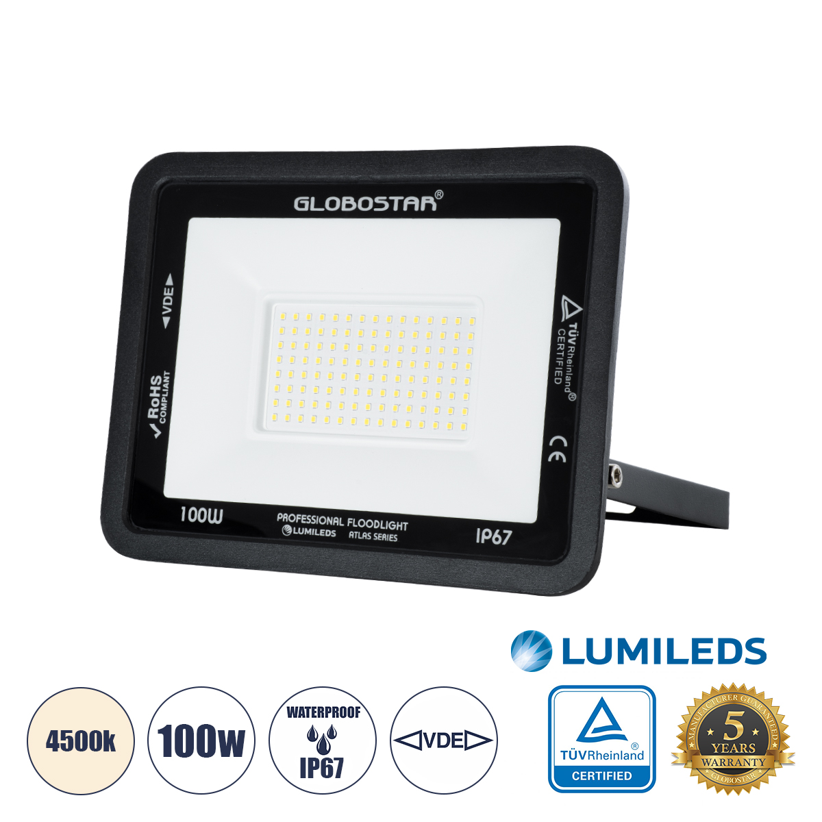 Atlas Glint® Επαγγελματικός Προβολέας Led 100W 12000Lm 120° Ac 220-240V - Αδιάβροχος Ip67 - Μ27 X Π4 X Υ21Cm - Μαύρο - Φυσικό Λευκό 4500K - Lumileds Chips - Tüv Rheinland Certified