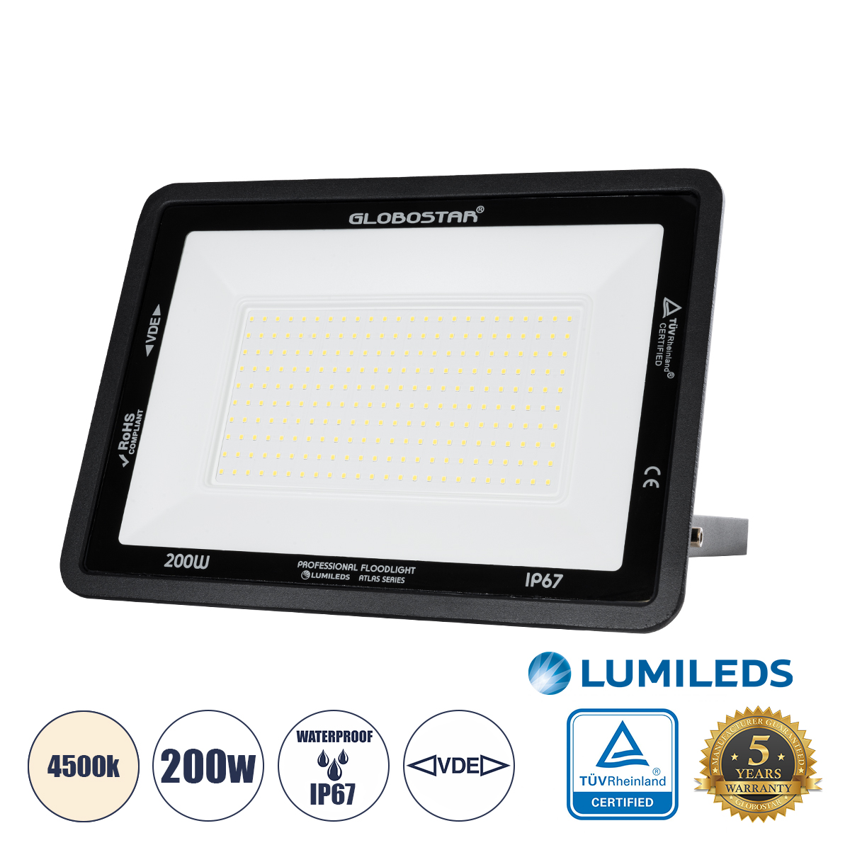 Atlas Glint® Επαγγελματικός Προβολέας Led 200W 24000Lm 120° Ac 220-240V - Αδιάβροχος Ip67 - Μ38 X Π4 X Υ28Cm - Μαύρο - Φυσικό Λευκό 4500K - Lumileds Chips - Tüv Rheinland Certified