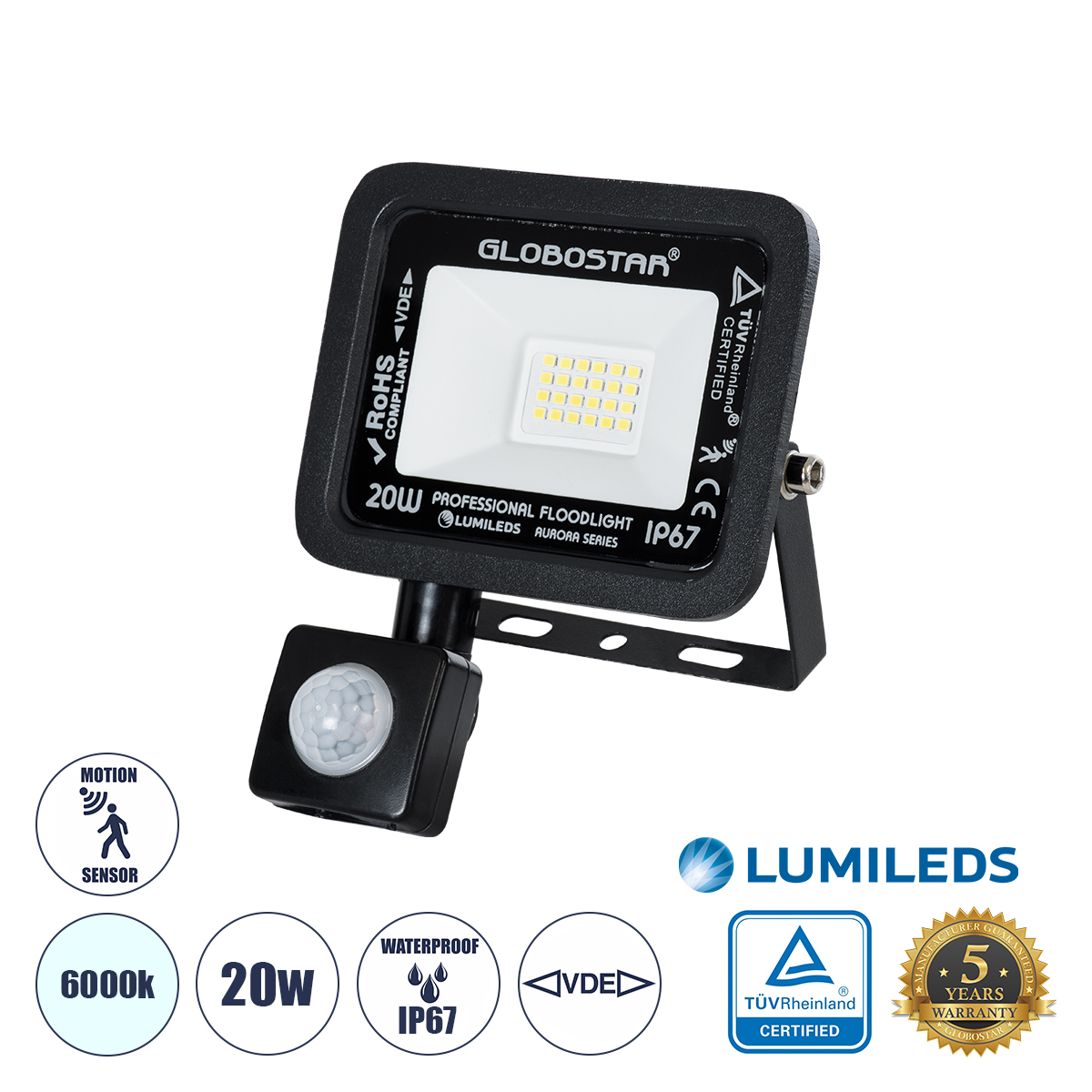 Aurora Glint® Επαγγελματικός Προβολέας Led 20W 2500Lm 120° Ac 220-240V Με Ενσωματωμένο Ρυθμιζόμενο Αισθητήρα Κίνησης Pir - Αδιάβροχος Ip67 - Μ12 X Π5 X Υ14.5Cm - Μαύρο - Ψυχρό Λευκό 6000K - Lumileds Chips - Tüv Rheinland Certified