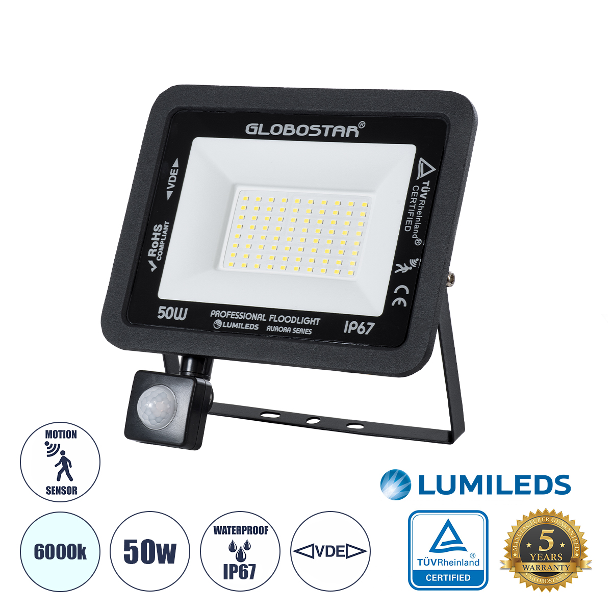 Aurora Glint® Επαγγελματικός Προβολέας Led 50W 6250Lm 120° Ac 220-240V Με Ενσωματωμένο Ρυθμιζόμενο Αισθητήρα Κίνησης Pir - Αδιάβροχος Ip67 - Μ21 X Π5 X Υ21Cm - Μαύρο - Ψυχρό Λευκό 6000K - Lumileds Chips - Tüv Rheinland Certified