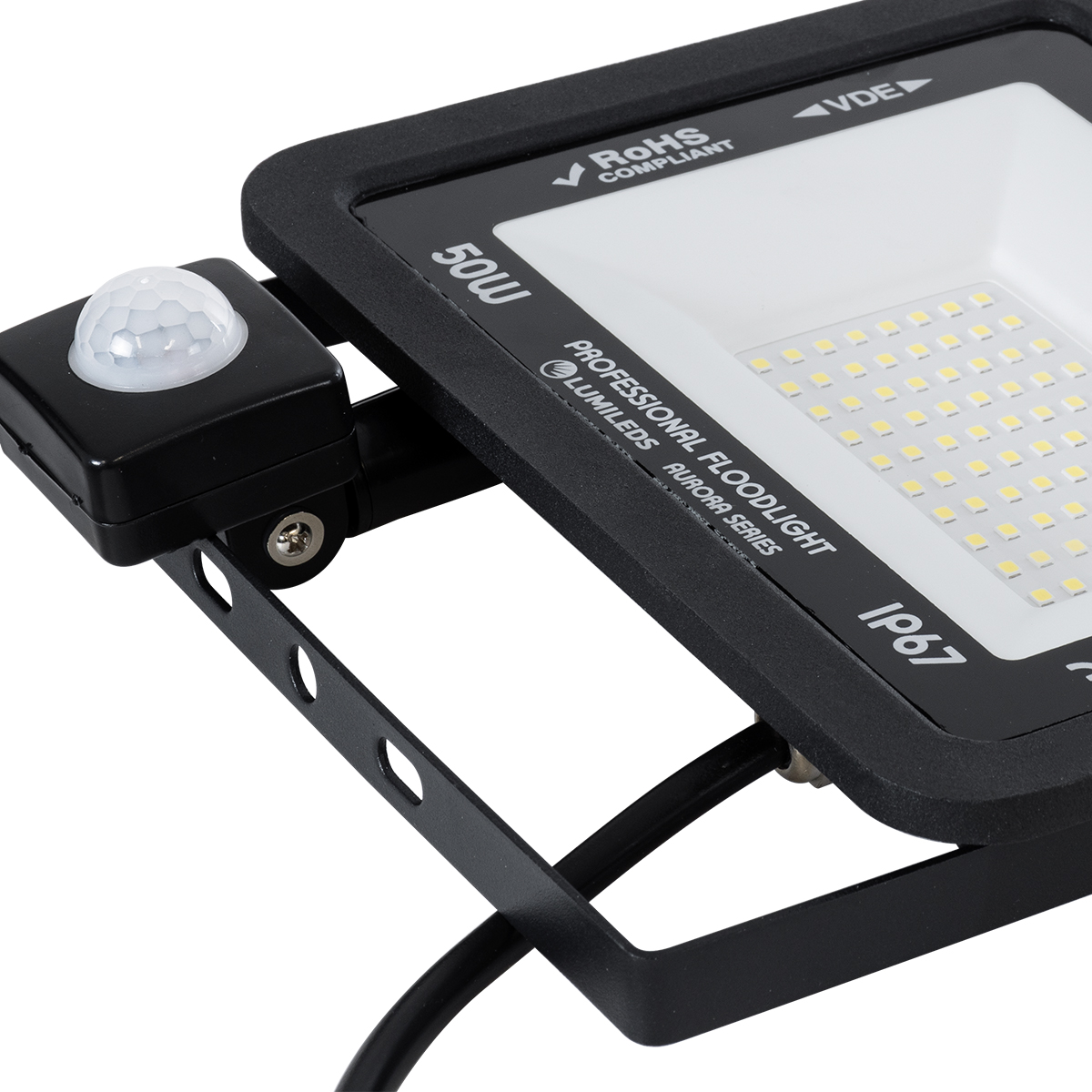 Aurora Glint® Επαγγελματικός Προβολέας Led 50W 6250Lm 120° Ac 220-240V Με Ενσωματωμένο Ρυθμιζόμενο Αισθητήρα Κίνησης Pir - Αδιάβροχος Ip67 - Μ21 X Π5 X Υ21Cm - Μαύρο - Ψυχρό Λευκό 6000K - Lumileds Chips - Tüv Rheinland Certified