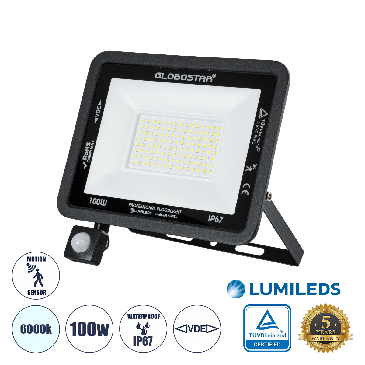 Aurora Glint® Επαγγελματικός Προβολέας Led 100W 12500Lm 120° Ac 220-240V Με Ενσωματωμένο Ρυθμιζόμενο Αισθητήρα Κίνησης Pir - Αδιάβροχος Ip67 - Μ25 X Π6.5 X Υ27.5Cm - Μαύρο - Ψυχρό Λευκό 6000K - Lumileds Chips - Tüv Rheinland Certified