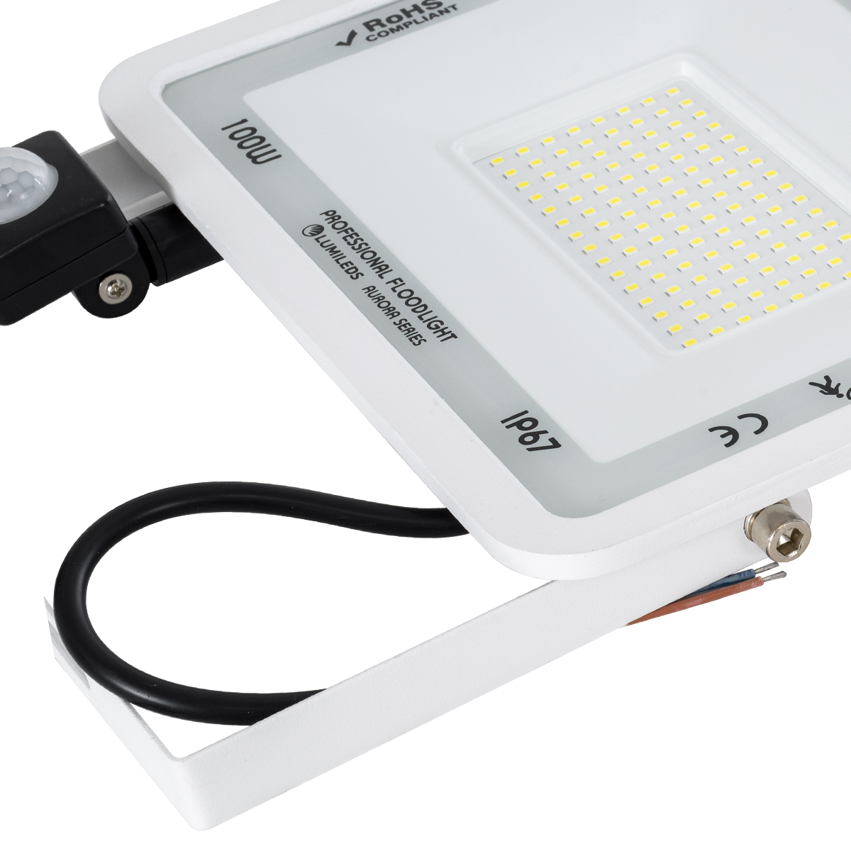 Aurora Glint® Επαγγελματικός Προβολέας Led 100W 12500Lm 120° Ac 220-240V Με Ενσωματωμένο Ρυθμιζόμενο Αισθητήρα Κίνησης Pir - Αδιάβροχος Ip67 - Μ25 X Π6.5 X Υ27.5Cm - Λευκό - Ψυχρό Λευκό 6000K - Lumileds Chips - Tüv Rheinland Certified