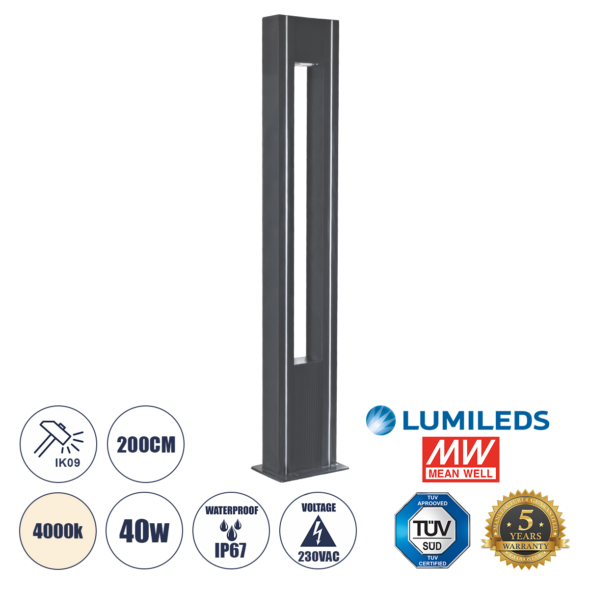 Merida Glint® Urban Light Φωτιστικό Πάρκου - Πλατείας - Κήπου Ύψους 2 Μέτρων Led 40W 5440Lm 60° Ac100-240Vac Ip67 Ik09 - Μ32 X Π13 X Υ200Cm - Anthracite Grey - Φυσικό Λευκό 4000K - Lumileds - Mean Well Driver