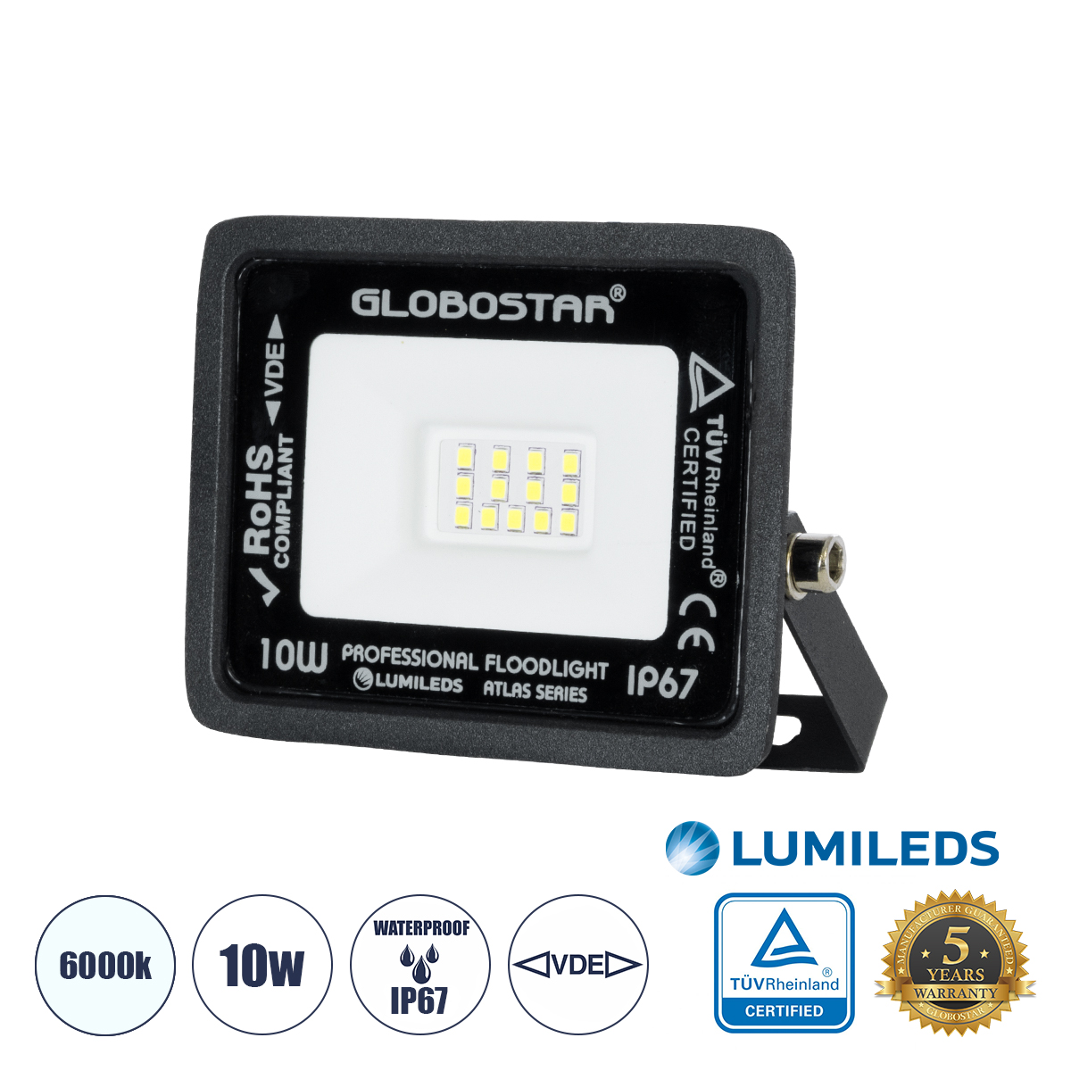 Atlas Glint® Επαγγελματικός Προβολέας Led 10W 1250Lm 120° Ac 220-240V - Αδιάβροχος Ip67 - Μ10 X Π2 X Υ8Cm - Μαύρο - Ψυχρό Λευκό 6000K - Lumileds Chips - Tüv Rheinland Certified