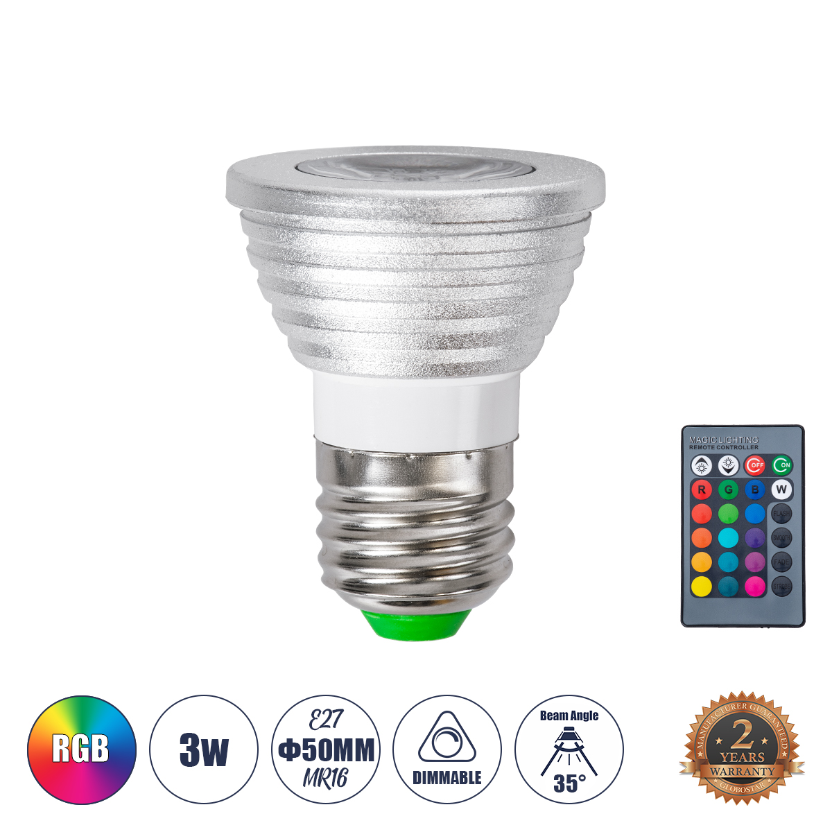 Glint® Σποτ Led E27 Mr16 3W 200Lm 90° Ac 220-240V Ip20 Φ5 X Υ8.5Cm - Εναλλαγή Φωτισμού Μέσω Τηλεχειριστηρίου Rgb - Dimmable