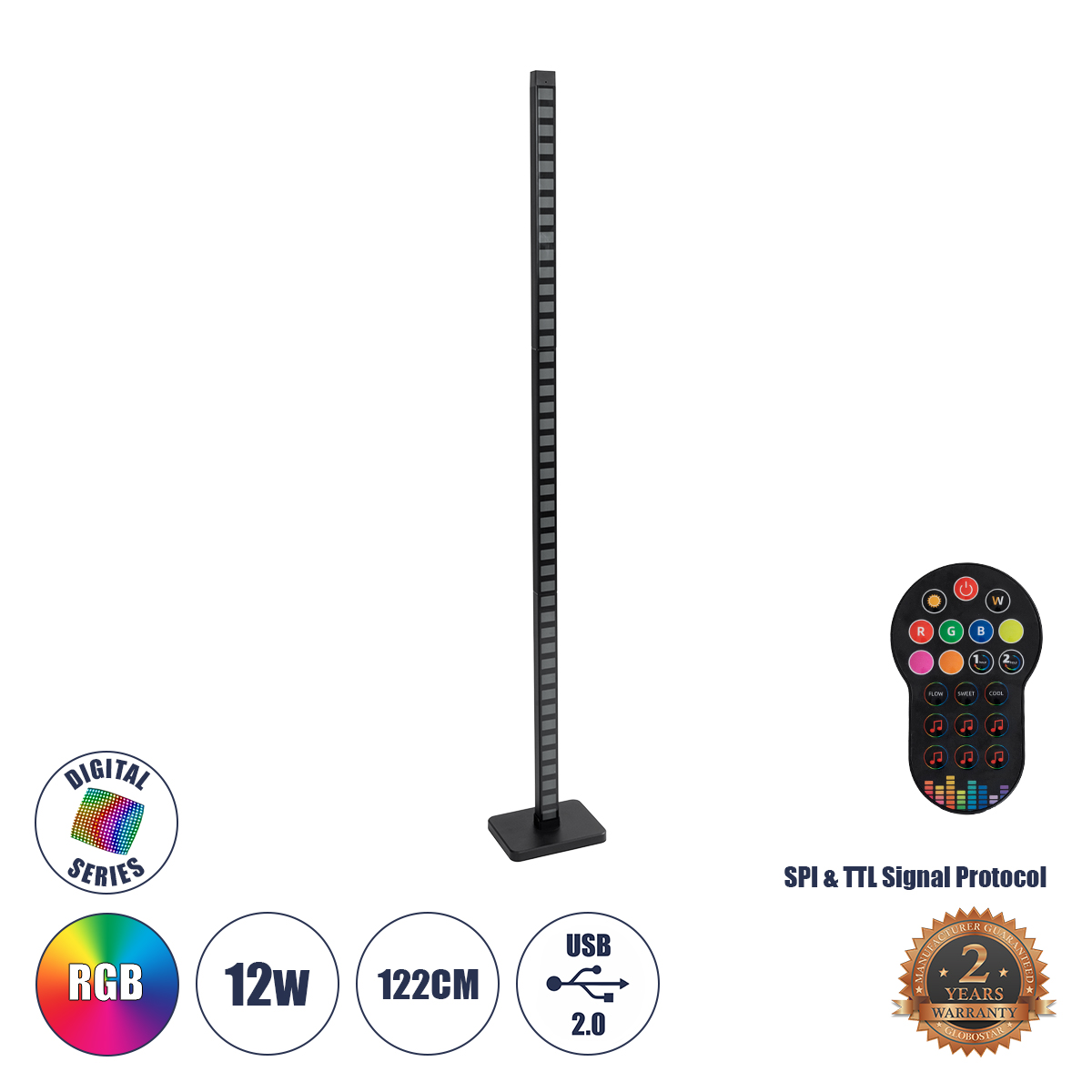 Digicolumn Glint®  Επιδαπέδιο Φωτιστικό Γραφείου Digital Pixel Rhythm Music Bar Led 12W 960Lm 90° Dc 5V Με Usb 2.0 Ip20 - Εναλλαγή Φωτισμού Μέσω Τηλεχειριστηρίου - Πολύχρωμο Rgb - Dimmable - Μαύρο - Μ3.4 X Π2.5 X Υ122Cm