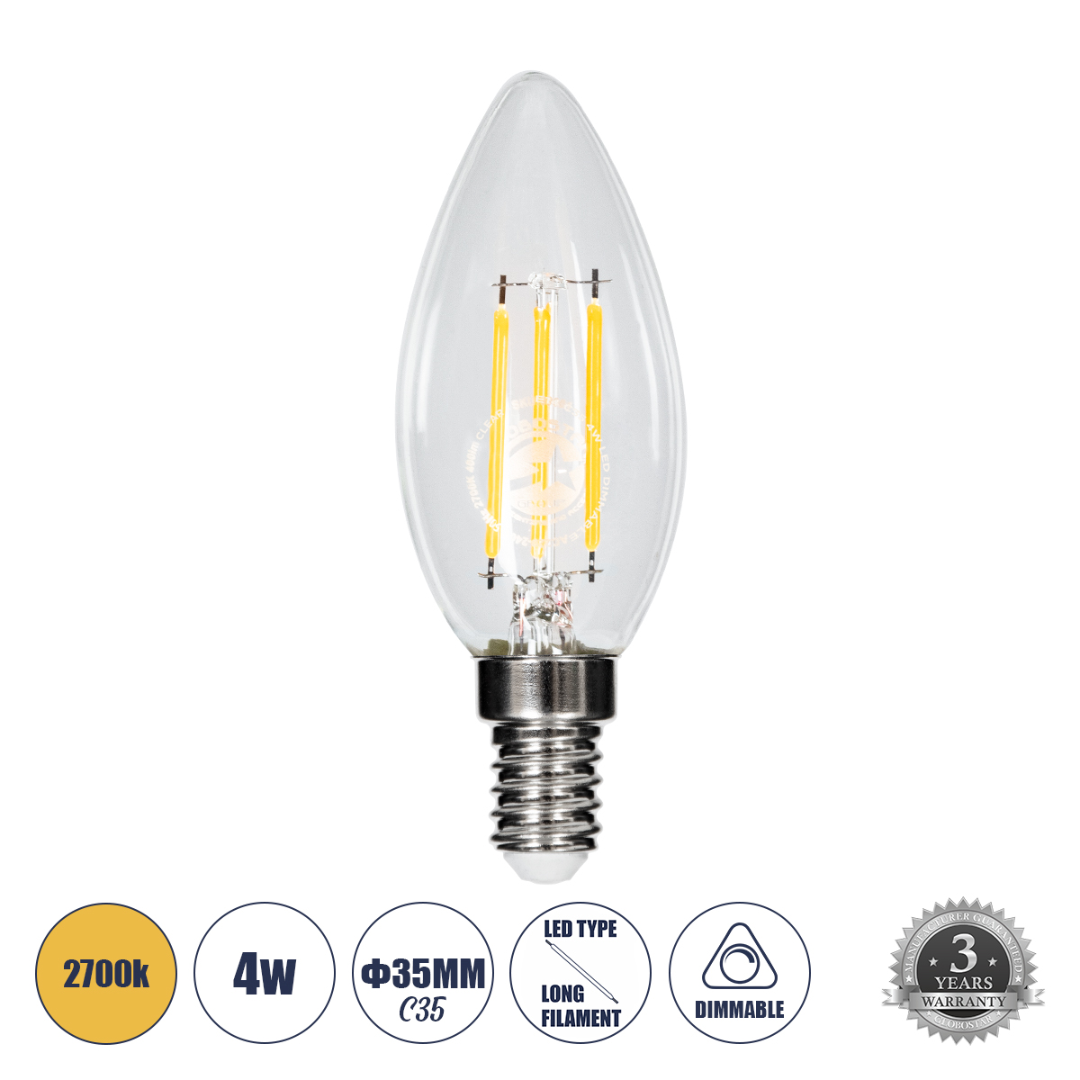 Glint® Λάμπα Led Long Filament E14 C35 Κεράκι 4W 400Lm 360° Ac 220-240V Ip20 Φ3.5 X Υ10.5Cm Θερμό Λευκό 2700K Με Διάφανο Γυαλί Dimmable