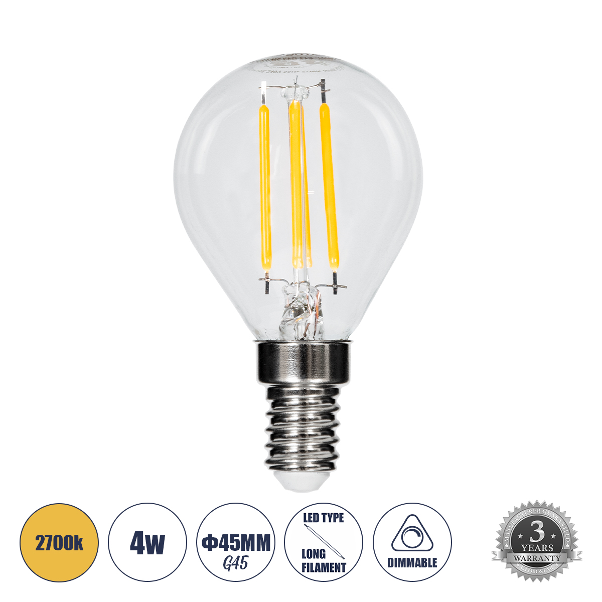 Glint® Λάμπα Led Long Filament E14 G45 Γλομπάκι 4W 400Lm 360° Ac 220-240V Ip20 Φ4.5 X Υ7.5Cm Θερμό Λευκό 2700K Με Διάφανο Γυαλί Dimmable