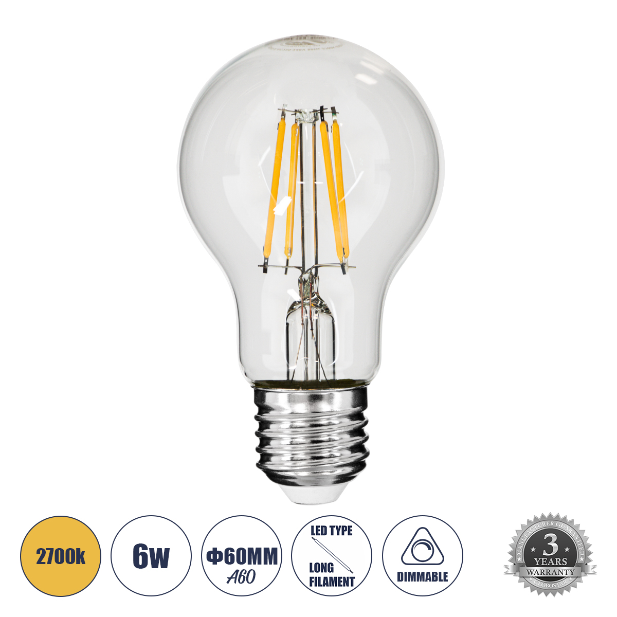 Glint® Λάμπα Led Long Filament E27 A60 Γλόμπος 6W 600Lm 360° Ac 220-240V Ip20 Φ6 X Υ10.5Cm Θερμό Λευκό 2700K Με Διάφανο Γυαλί - Dimmable