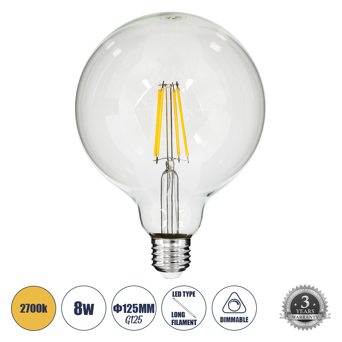 Glint® Λάμπα Led Long Filament E27 G125 Γλόμπος 8W 800Lm 360° Ac 220-240V Ip20 Φ12.5 X Υ18Cm Θερμό Λευκό 2700K Με Διάφανο Γυαλί - Dimmable