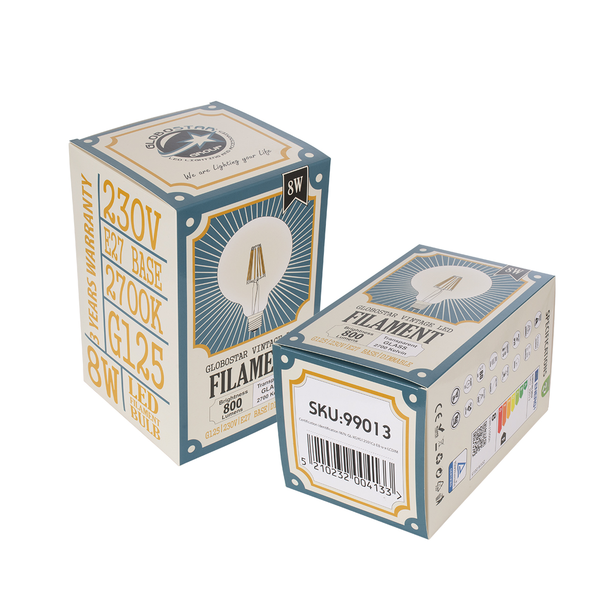 Glint® Λάμπα Led Long Filament E27 G125 Γλόμπος 8W 800Lm 360° Ac 220-240V Ip20 Φ12.5 X Υ18Cm Θερμό Λευκό 2700K Με Διάφανο Γυαλί - Dimmable