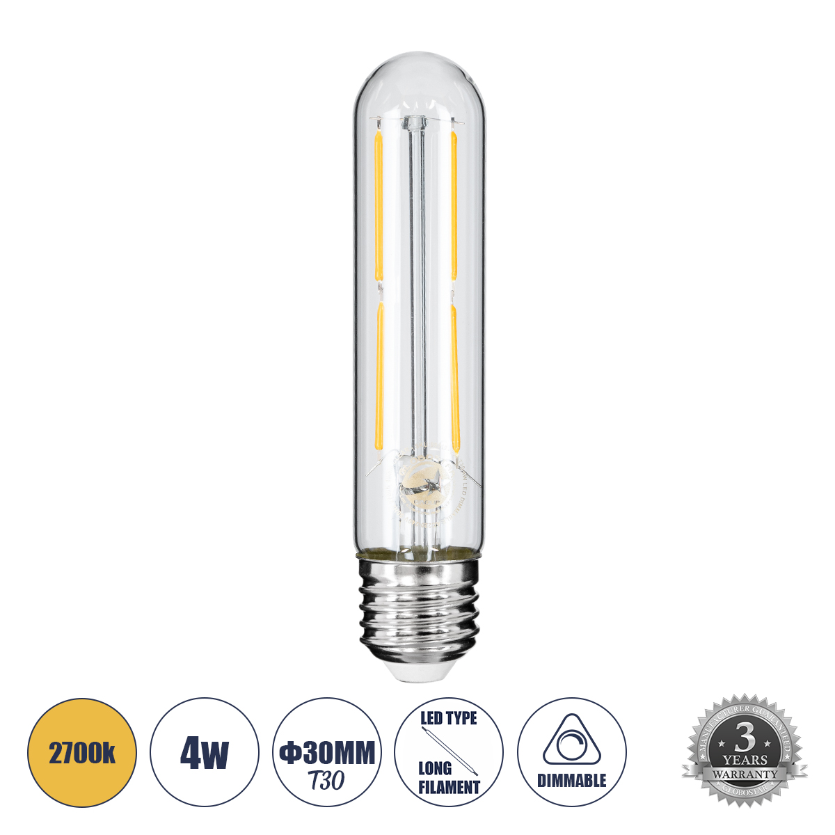 Glint® Λάμπα Led Long Filament E27 T30 Σωλήνας 4W 400Lm 360° Ac 220-240V Ip20 Φ3 X Υ13.5Cm Θερμό Λευκό 2700K Με Διάφανο Γυαλί - Dimmable