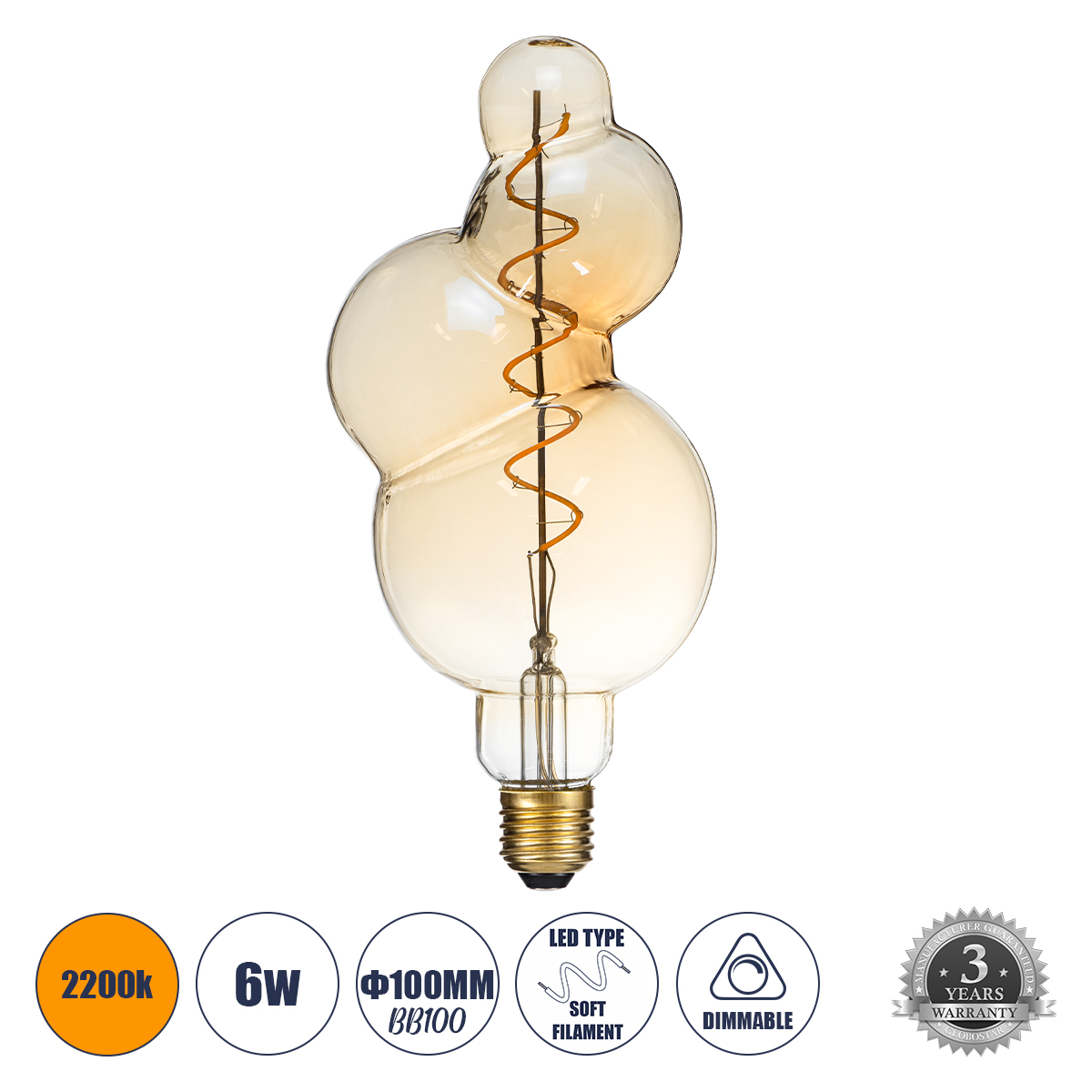 Glint® Λάμπα Led Soft S Spiral Filament E27 Bb100 Bubbles Γλόμπος 6W 420Lm 360° Ac 220-240V Ip20 Φ10 X Υ24Cm Ultra Θερμό Λευκό 2200K Με Μελί Γυαλί - Dimmable