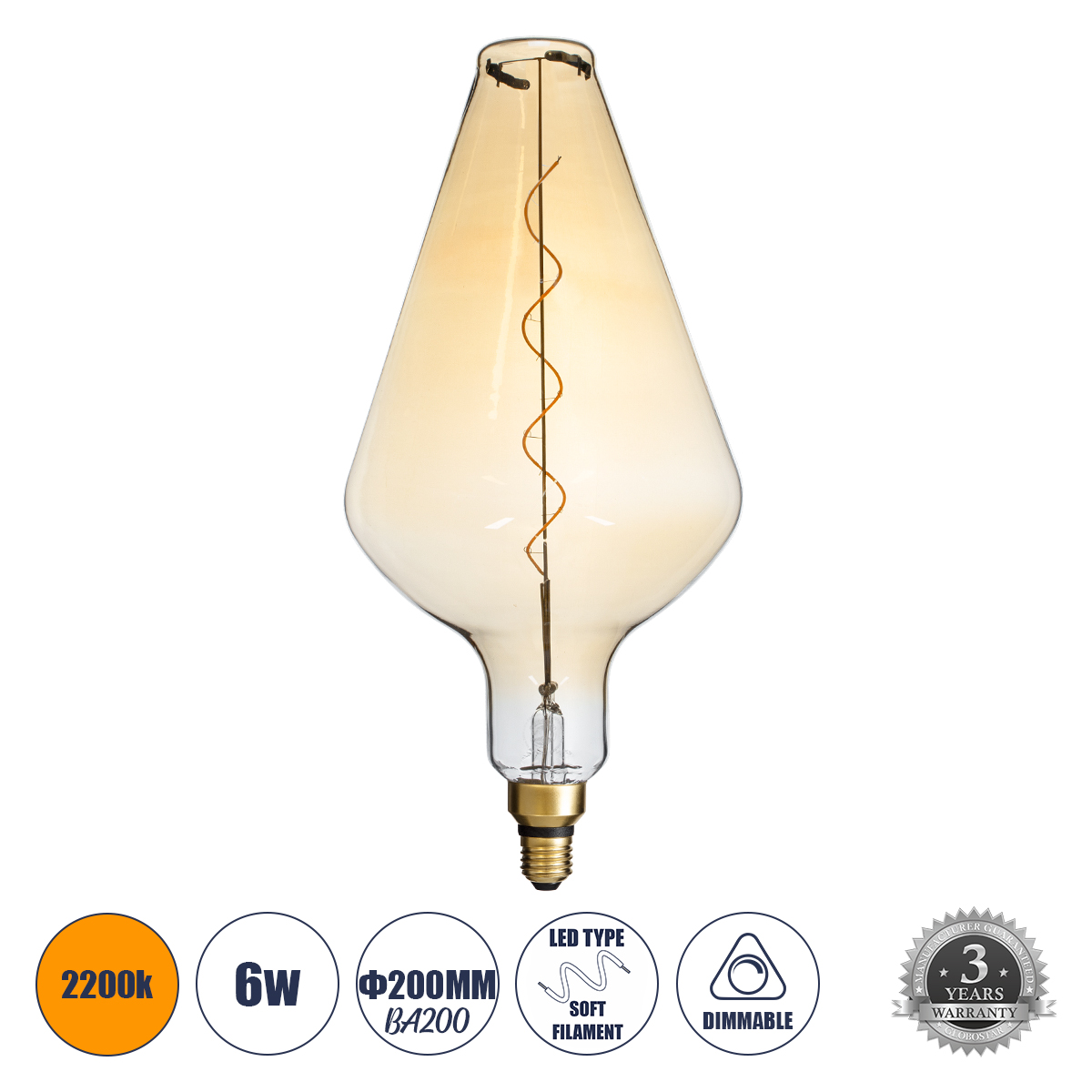 Glint® Λάμπα Led Soft S Spiral Filament E27 Ba200 Rocket Γλόμπος 6W 420Lm 360° Ac 220-240V Ip20 Φ20 X Υ41.5Cm Ultra Θερμό Λευκό 2200K Με Μελί Γυαλί - Dimmable