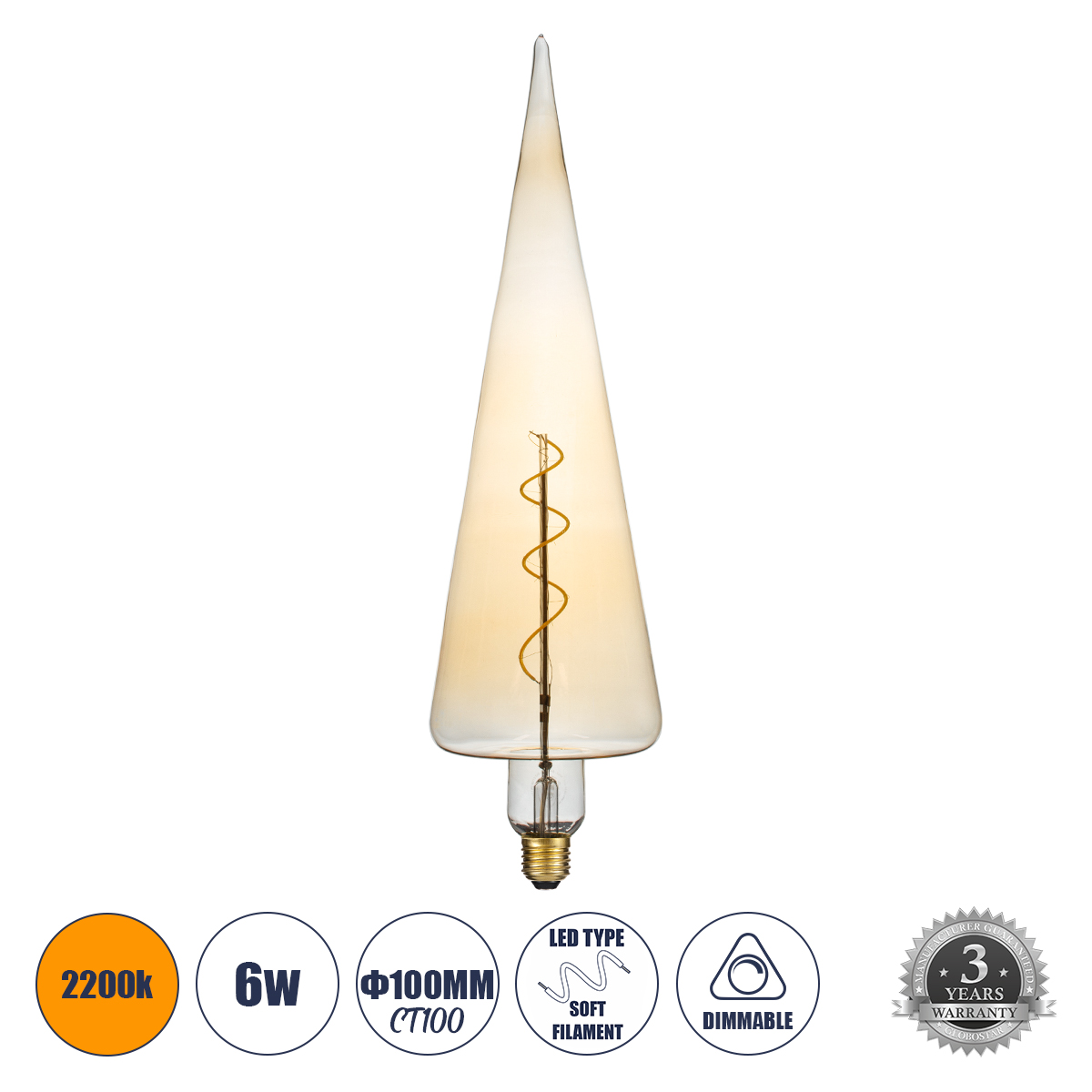 Glint® Λάμπα LED Filament Διακοσμητική Σπειροειδούς Νήματος E27 6W 420Lm 2200K Ultra Θερμό Λευκό, Μελί Γυαλί, Dimmable Φ10 X Υ28Cm