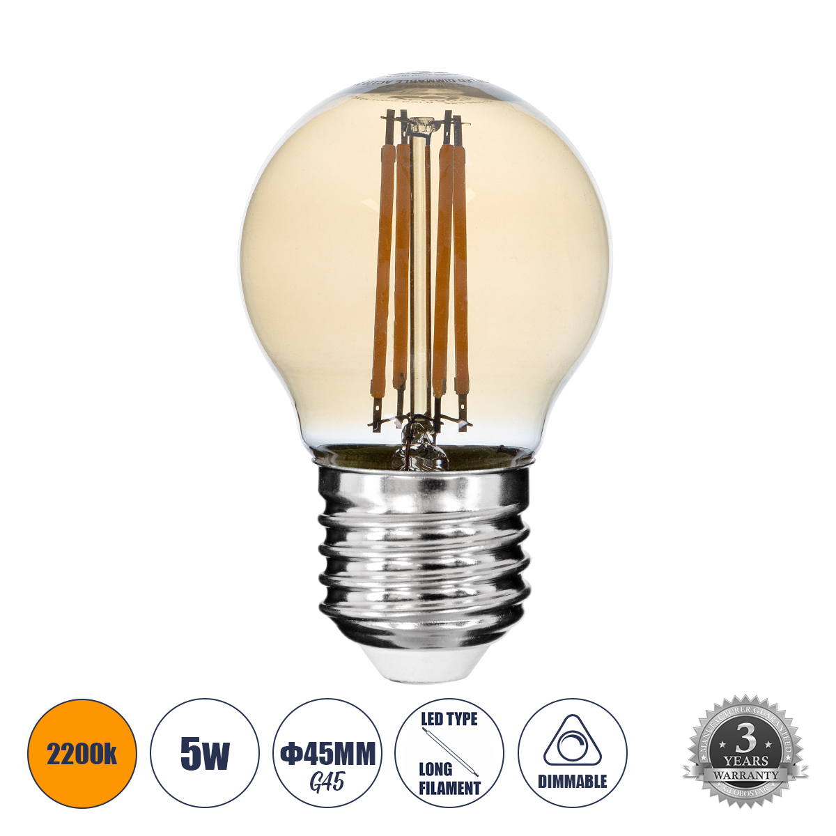 Glint® Λάμπα Led Long Filament E27 G45 Γλομπάκι 5W 450Lm 360° Ac 220-240V Ip20 Φ4.5 X Υ7.5Cm Ultra Θερμό Λευκό 2200K Με Μελί Γυαλί - Dimmable