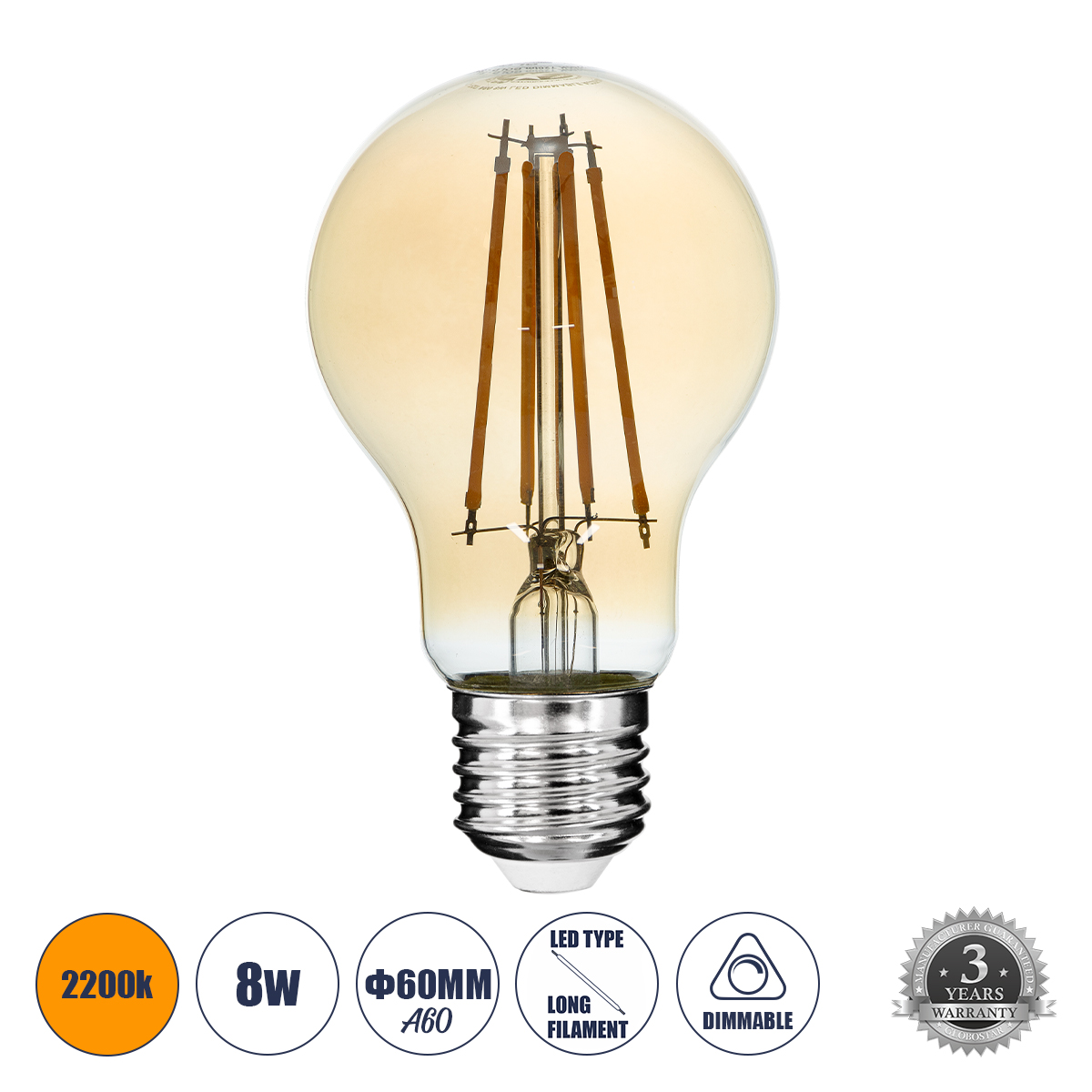 Glint® Led Long Filament Bulb E27 A60 Globe 8W 720Lm 360° Ac 220-240V Ip20 D6 X H10.5Cm Ultra Θερμό Λευκό 2200K Με Μελί Γυαλί - Dimmable