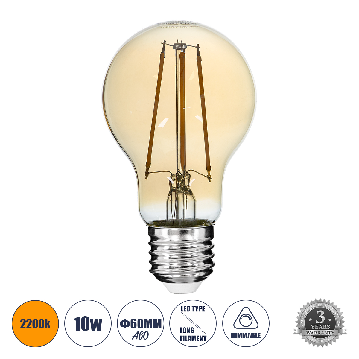 Glint® Λάμπα Led Long Filament E27 A60 Γλόμπος 10W 900Lm 360° Ac 220-240V Ip20 Φ6 X Υ10.5Cm Ultra Θερμό Λευκό 2200K Με Μελί Γυαλί - Dimmable