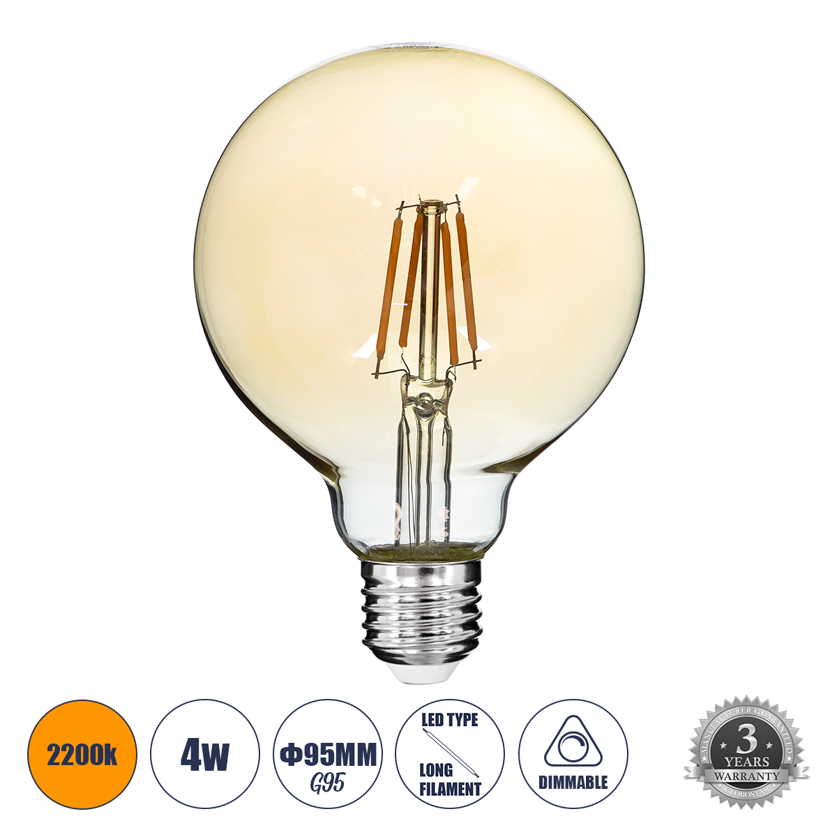 Glint® Led Long Filament Bulb E27 G95 Globe 4W 350Lm 360° Ac 220-240V Ip20 D9.5 X H13.5Cm Ultra Θερμό Λευκό 2200K Με Μελί Γυαλί - Dimmable