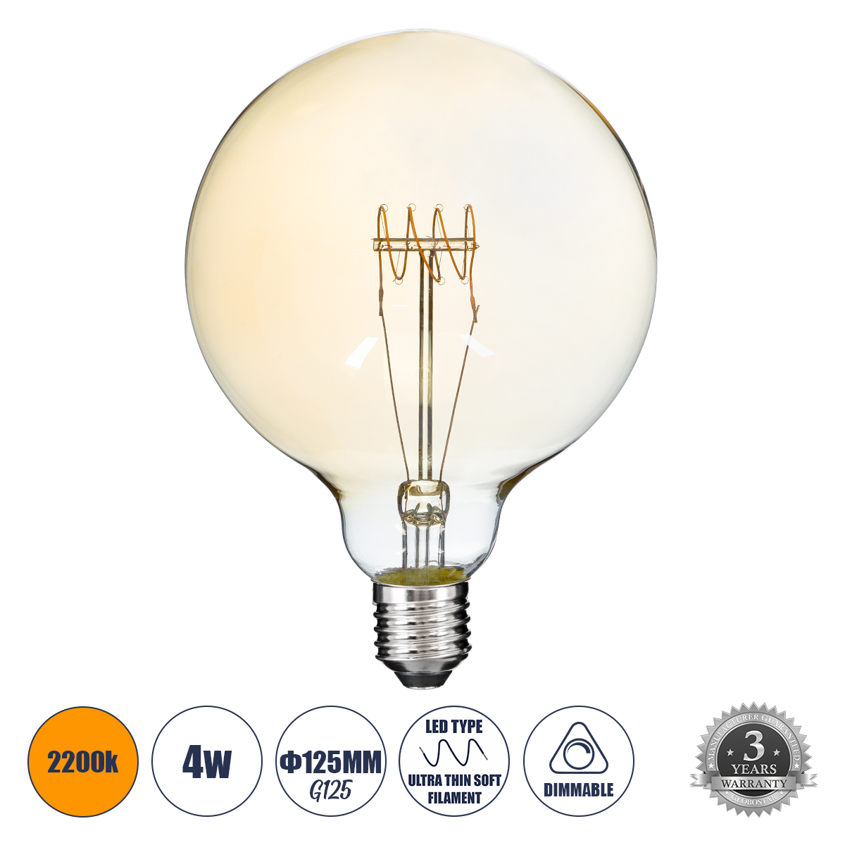 Glint® Λάμπα Led Ultra Thin Soft S Spiral Filament E27 G125 Γλόμπος 4W 280Lm 360° Ac 220-240V Ip20 Φ12.5 X Υ18Cm Ultra Θερμό Λευκό 2200K Με Μελί Γυαλί - Dimmable