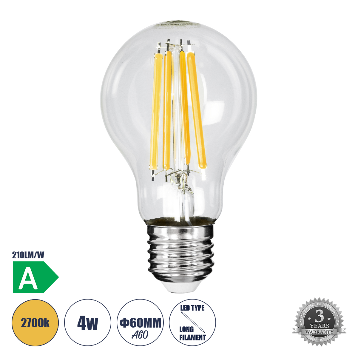 Glint® Λάμπα Led Long Filament E27 A60 Γλόμπος 4W 840Lm 360° Ac 220-240V Ip20 Φ6 X Υ11Cm Θερμό Λευκό 2700K Με Διάφανο Γυαλί - Pro Series 210Lm/W - A Ενεργειακή Κλάση