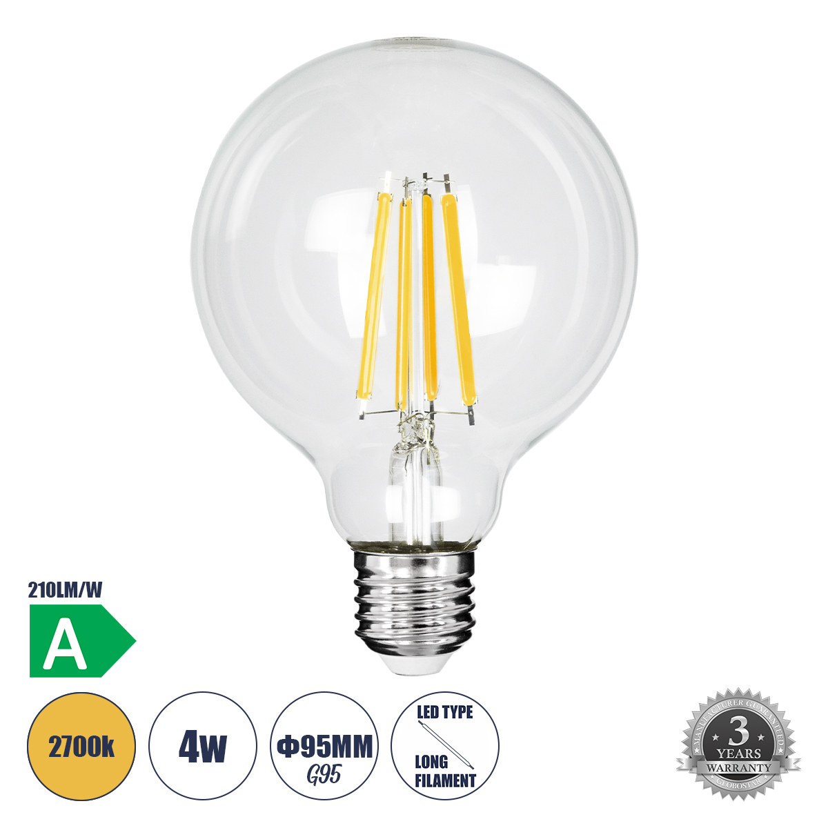 Glint® Λάμπα Led Long Filament E27 G95 Γλόμπος 4W 840Lm 360° Ac 220-240V Ip20 Φ9.5 X Υ13.8Cm Θερμό Λευκό 2700K Με Διάφανο Γυαλί - Pro Series 210Lm/W - A Ενεργειακή Κλάση