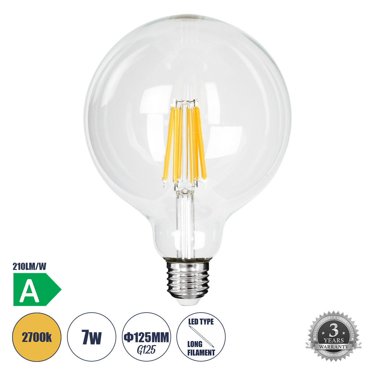 Glint® Λάμπα Led Long Filament E27 G125 Γλόμπος 7W 1470Lm 360° Ac 220-240V Ip20 Φ12.5 X Υ13.8Cm Θερμό Λευκό 2700K Με Διάφανο Γυαλί - Pro Series 210Lm/W - A Ενεργειακή Κλάση